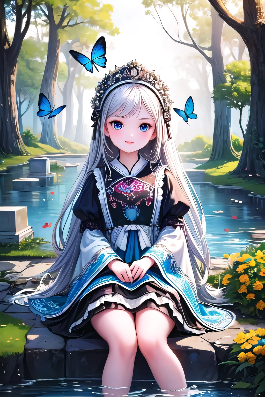 (masterpiece), (best quality), illustration, Super detailed, HDR, Depth of Field, (rich and colorful), ,,This is a masterpiece that exudes exceptional quality. The illustration is ultra-detailed, Using HDR technology to create a sense of depth. The theme is original, Beautifully, 和Beautifully艺术品, Vivid colors，Full of fantasy elements. Girl sitting on the seashore, surrounded by running water, The background is a dark blue world tree, Located in the cemetery. The tranquil and dreamy atmosphere gives the whole scene a soulful and charming temperament. Her pale complexion, Blue eyes sparkling, And silver hair dotted with flowers，It makes for a fascinating portrait. She is wearing ****ta style clothes, Poker face，Mouth tightly shut. Background ranges from white, transparent, Cycle Options, There are also translucent blue butterflies flying around，Adds vitality to the work.