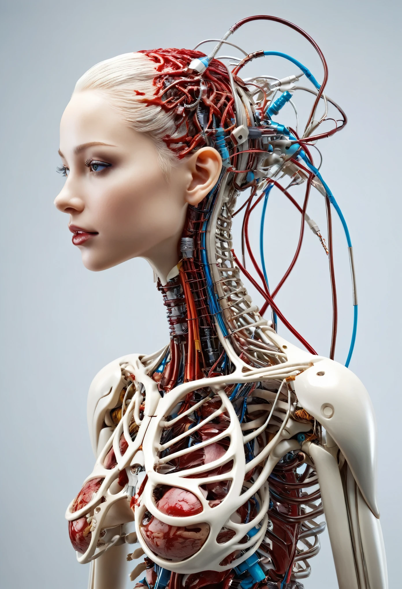1 mechanical girl,((ultra realistic details)), portrait, global illumination, darkness, octane rendering, 8k, ultra sharp,Metal,intricate, detailed ornaments, cold colors, egyptian detail, highly intricate details, realistic light, trend on CGsociety, bright Eyes, in front of the camera, neon details, mechanical limbs,blood vessels connected to tubes.,mechanical vertebra attached to the back,mechanical cervical fixation to the neck,session,wires and cables that connect to the head