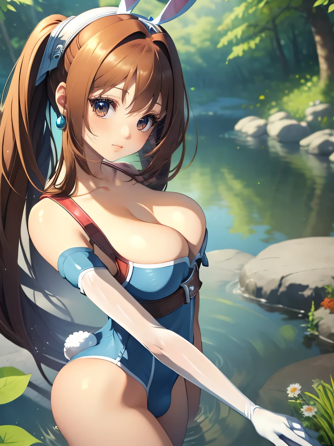 princess_daisy, brown hair, long hair ,red lipstick, blue eye shadow, 1girl, solo, perfect breasts, ,earrings glossy lips ,looking at viewer, blush, large breasts, nature, pond, trees, park, long white elbow satin gloves, holding, animal ears, cleavage, bare shoulders, jewelry, very l, gentle smile, pantyhose, earrings, fake rabbit ears, yellow leotard, fake animal ears bunny, long white elbow gloves, white gloves, legs