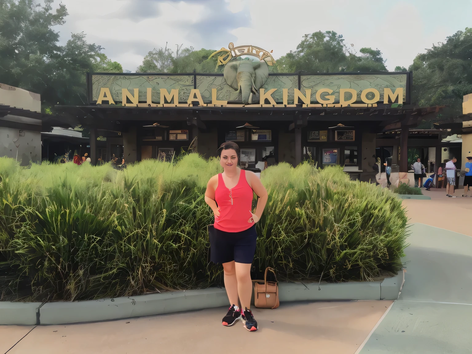 arafed woman standing in front of a sign that says animal kingdom, animal kingdom, vacation photo, photo taken in 2 0 2 0, a person standing in front of a, in disney, full body wide shot, full body length shot, jenna barton, full - body - front - shot, taken in the early 2020s, standing in the savannah