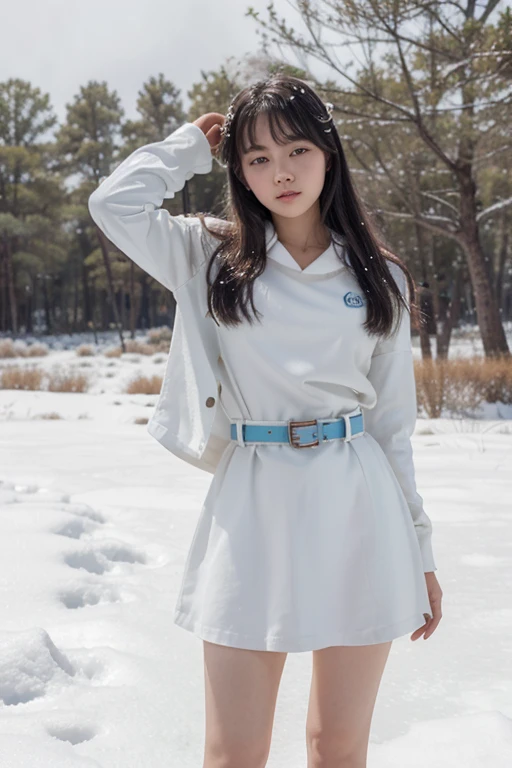 Lee Yoo-mi, Yukiona, Teen Wolf, 18 years, cabello blanco largo y desordenado,ojos color gris, vestido de vestir blanca largo, white belt with light blue , zapatillas blancas, colgante plateado de copo de nieve , estampado de copo de nieve blanco. Fondo de bosque con  nieve y  niebla alrededor de color negro.