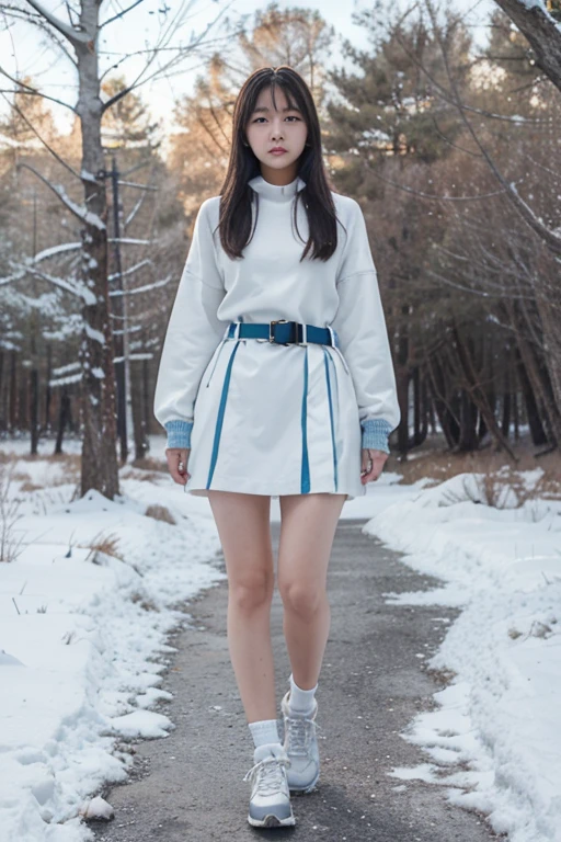 Lee Yoo-mi, Yukiona,  Wolf, 18 years, cabello blanco largo y desordenado,ojos color gris, vestido de vestir blanca largo, white belt with light blue , zapatillas blancas, colgante plateado de copo de nieve , estampado de copo de nieve blanco. Fondo de bosque con  nieve y  niebla alrededor de color negro.