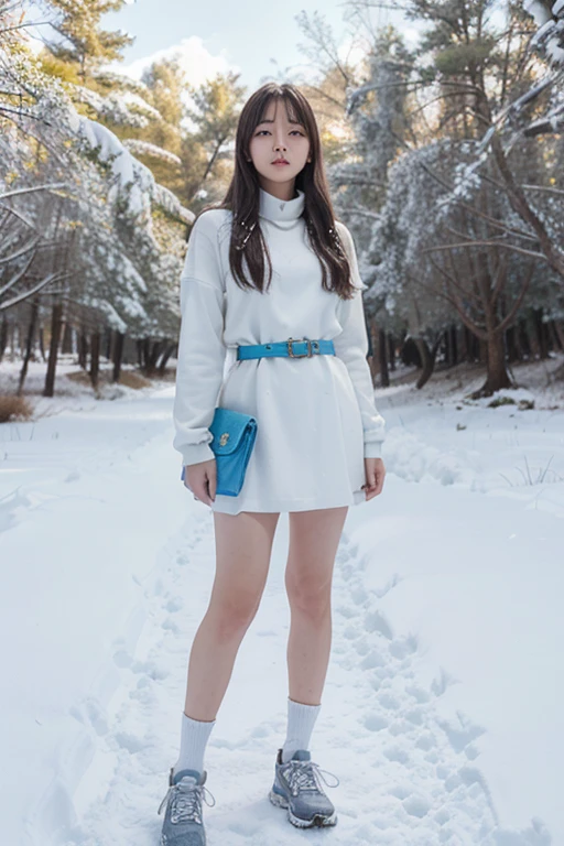 Lee Yoo-mi, Yukiona, Teen Wolf, 18 years, cabello blanco largo y desordenado,ojos color gris, vestido de vestir blanca largo, white belt with light blue , zapatillas blancas, colgante plateado de copo de nieve , estampado de copo de nieve blanco. Fondo de bosque con nieve y niebla alrededor de color negro.