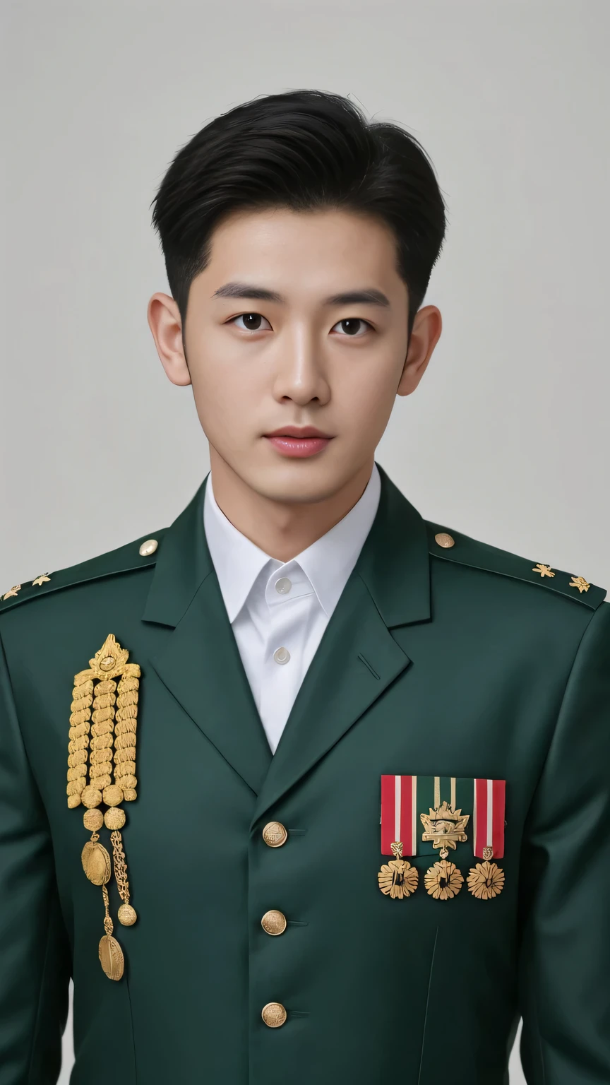 4k, (masterpiece), best of quality, 2d, arafed man in a posing for a picture, Wearing Uniform,, Embroidered Guard, Wearing military , yanjun chengt, Dressed in full military green, officer, Unified background, Wearing a general\of,Upper body unobstructed photos,Green Clothing,Holding a red bouquet,Full face photo,Handsome hairstyle,Tough Guy