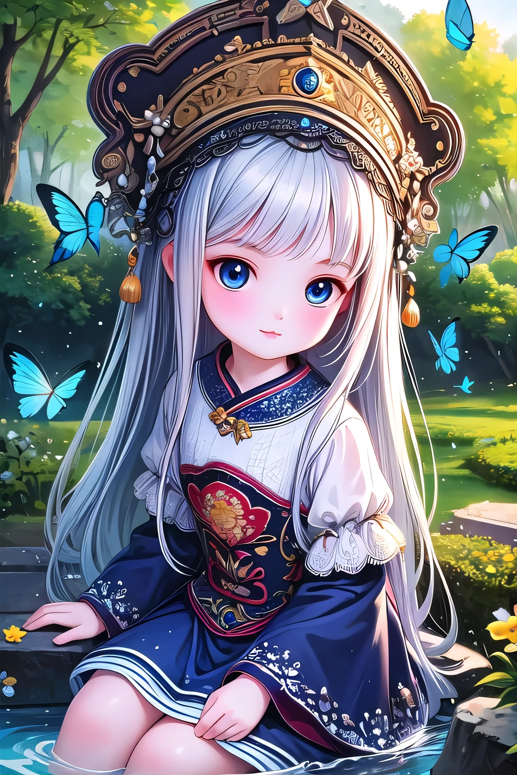 (masterpiece), (best quality), illustration, Super detailed, HDR, Depth of Field, (rich and colorful), ,,This is a masterpiece that exudes exceptional quality. The illustration is ultra-detailed, Using HDR technology to create a sense of depth. The theme is original, Beautifully, 和Beautifully艺术品, Vivid colors，Full of fantasy elements. Girl sitting on the seashore, surrounded by running water, The background is a dark blue world tree, Located in the cemetery. The tranquil and dreamy atmosphere gives the whole scene a soulful and charming temperament. Her pale complexion, Blue eyes sparkling, And silver hair dotted with flowers，It makes for a fascinating portrait. She is wearing ****ta style clothes, Poker face，Mouth tightly shut. Background ranges from white, transparent, Cycle Options, There are also translucent blue butterflies flying around，Adds vitality to the work.