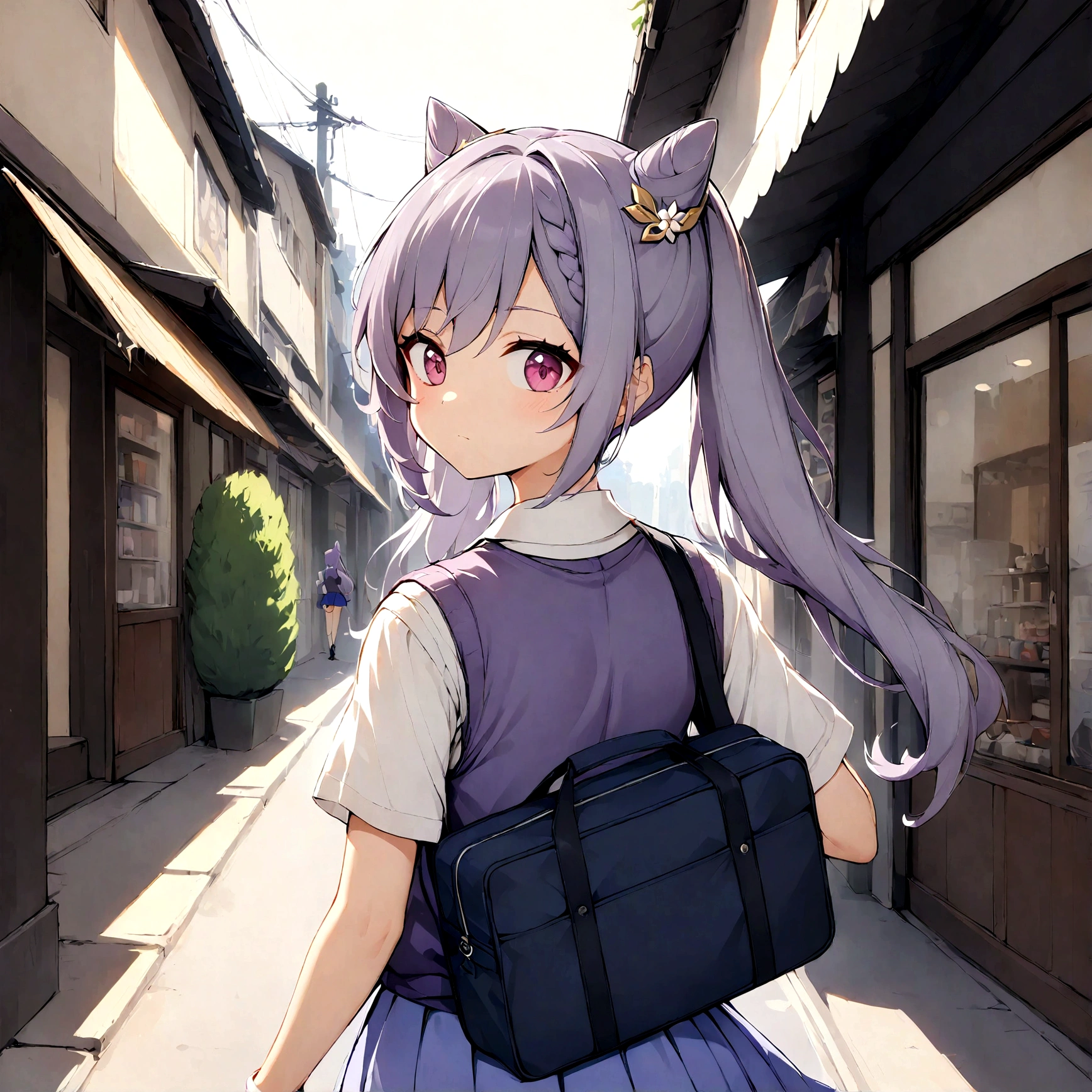 1girl, , (purple hair:1), (hair ornament:1), (twintails:1), (cat ears hairstyle:1), (Keqing:1), (sweater vest:1), (BREAK Jk:1), walking, holding school bag, looking back, back view, a Japanese street with various shops on the sides, daytime setting
