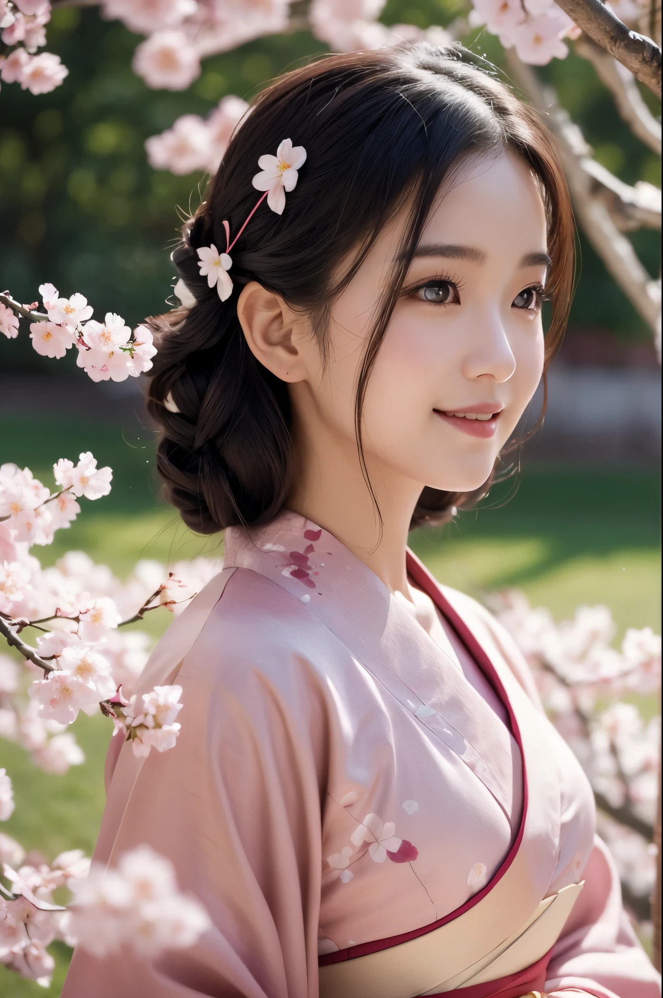 8K.A black-haired woman quietly looking up at the cherry blossom tree,Super Beauty(Like the real thing),A woman wearing a kimono with a cherry blossom design,Her hair is tied up and she is wearing a cherry blossom hairpin.,Beautiful expression,Messy, I am proud, Absurd, Royalty, celebration, Room decorated with flowers, Cowboy Shot, Portraiture, (highest quality), (Tabletop), (Very detailed), masterpiece,highest qualityのフォトリアリスティックなRAW写真。Backlight, Cinema Lighting, Film Grain, to be born, 50mm lens, Nikon D850,Ultra-Realistic Skin,Fantasy art,Character Art,Ultra-high resolution,Muscular and slender body type,Perfect hands,compensate,Bust shot close-up,Pink Rouge,smile,A large amount of cherry blossom petals fluttering,