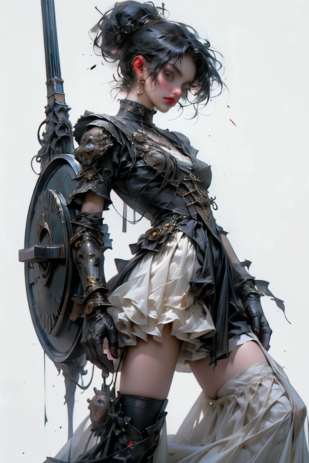 ((best quality)), ((masterpiece)), (detailed), perfect face ((best quality)), ((masterpiece)), (detailed), blank white background, plain background, white background, Bloodborne inspired, occult aesthetic, occult, detailed and intricate steampunk and detailed gothic, (zentangle, mandala, tangle, entangle), NSFW, torn clothing, Very dramatic and cinematic lighting, cosmic horror, grim-dark, side-lighting, perfect face, a beautiful goddess adorned and enshrined in armour, Bloodborne inspired , occult aesthetic , occult , detailed and intricate steampunk and detailed gothic , wielding a sword and holding a shield, NSFW, Fluttering lace flared short dress with frilly petticoats, knee length dress, pleated petticoats, lolita dress, petticoats gothic lolita, side-lighting, gothic lolita aesthetic, beautiful small breasts, small breasts, full body, whole body, body, plain background, white background, blank background, no background, white background NSFW, full body, whole body, head-to-toe