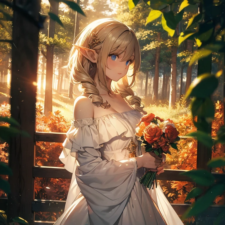 (8k), (masterpiece), (best quality), (super details), (award winning), (game illustration), (greeting face), lens flare, glowing light, woman in a noble dress standing in the woods with flower, modeling shoot, beautiful girl, elf girl, (beautiful face:0.8), slender blonde girl, pale skin curly blond hair, (off shoulder), (small breast), (wood cabin in background)