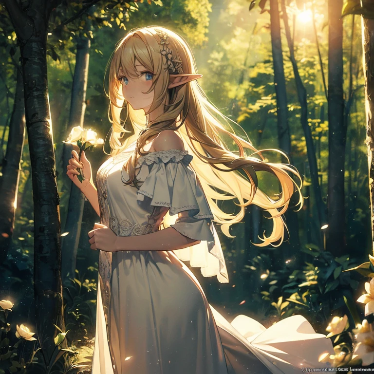 (8k), (masterpiece), (best quality), (super details), (award winning), (game illustration), (greeting face), lens flare, glowing light, woman in a noble dress standing in the woods with flower, modeling shoot, beautiful girl, elf girl, (beautiful face:0.8), slender blonde girl, pale skin curly blond hair, (off shoulder), (small ), (wood cabin in background)