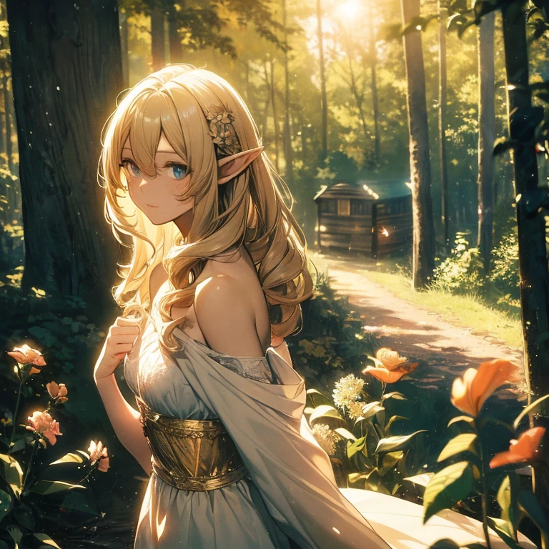 (8k), (masterpiece), (best quality), (super details), (award winning), (game illustration), (greeting face), lens flare, glowing light, woman in a noble dress standing in the woods with flower, modeling shoot, beautiful girl, elf girl, (beautiful face:0.8), slender blonde girl, pale skin curly blond hair, (off shoulder), (small breast), (wood cabin in background)