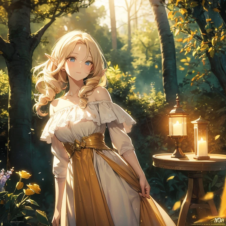 (8k), (masterpiece), (best quality), (super details), (award winning), (game illustration), (greeting face), lens flare, glowing light, woman in a noble dress standing in the woods with flower, modeling shoot, beautiful girl, elf girl, (beautiful face:0.8), slender blonde girl, pale skin curly blond hair, (off shoulder), (small breast), (wood cabin in background)