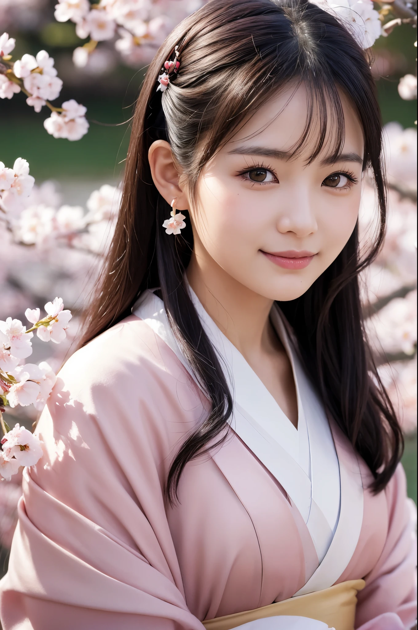 8K.A black-haired woman quietly looking up at the cherry blossom tree,Super Beauty(Like the real thing),A woman wearing a kimono with a cherry blossom design,Her hair is tied up and she is wearing a cherry blossom hairpin.,Beautiful expression,Messy, I am proud, Absurd, Royalty, celebration, Cowboy Shot, Portraiture, (highest quality), (Tabletop), (Very detailed), masterpiece,highest qualityのフォトリアリスティックなRAW写真。Backlight, Cinema Lighting, Film Grain, to be born, 50mm lens, Nikon D850,Ultra-Realistic Skin,Fantasy art,Character Art,Ultra-high resolution,Muscular and slender body type,Perfect hands,compensate,Bust shot close-up,Pink Rouge,smile,A large amount of cherry blossom petals fluttering,