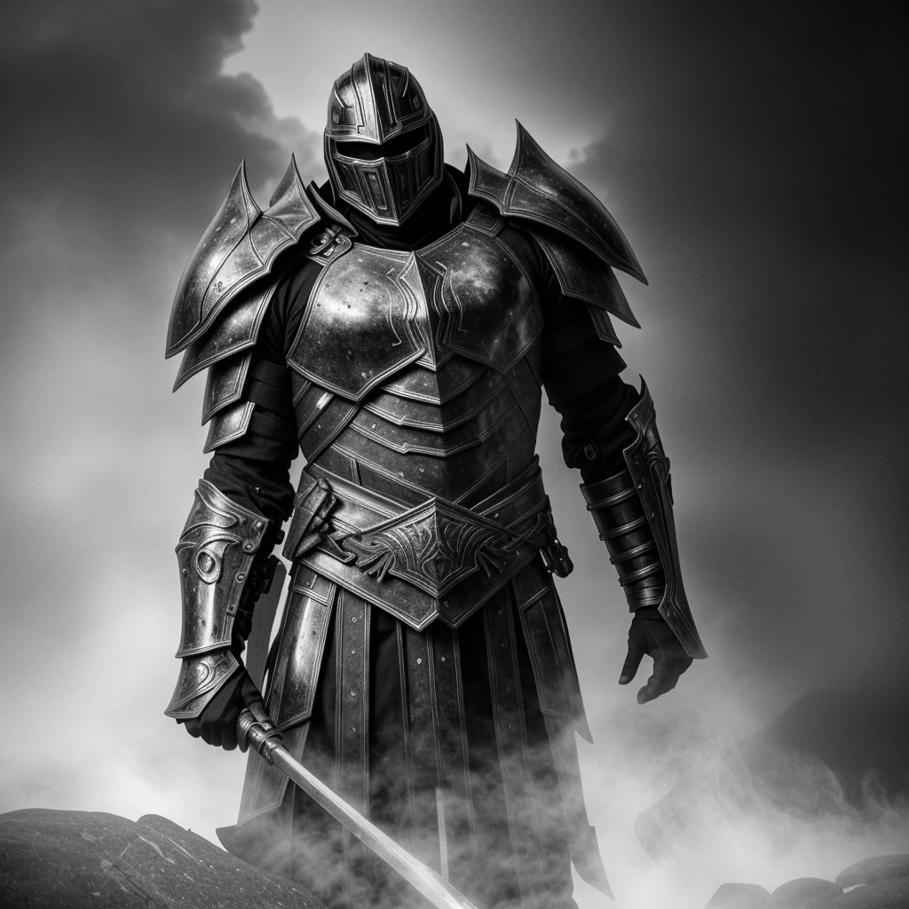 powerful big armor
masterpiece, highly detailed 8k photorealistic raw photography, best quality, low lighting and shadows a man with spectral armor of black and white tones, surrounded by a mysterious and enigmatic aura, spectral background, white eyes, white fire comes out of his armor, black and white fire comes out around the armor, the armor is black and white , the background is an abyss with color, the armor is wearing a long tunic, the armor is large and burly