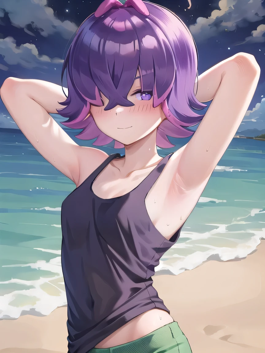 (extremely detailed CG), (best quality), perfect face, shiny skin, lustrous skin, 1girl,solo, DotPoke, hair over one eye, sleevless, tank top, purple eyes,shirt,short hair, multicolored hair, pink hair, purple hair, hair over eyes, pants, green pants,  looking at viewer, closed mouth, solo, night sky, beach, arms behind head, contrapposto, spread armpits, looking at viewer, best quality, portrait, sad, shy, smile,