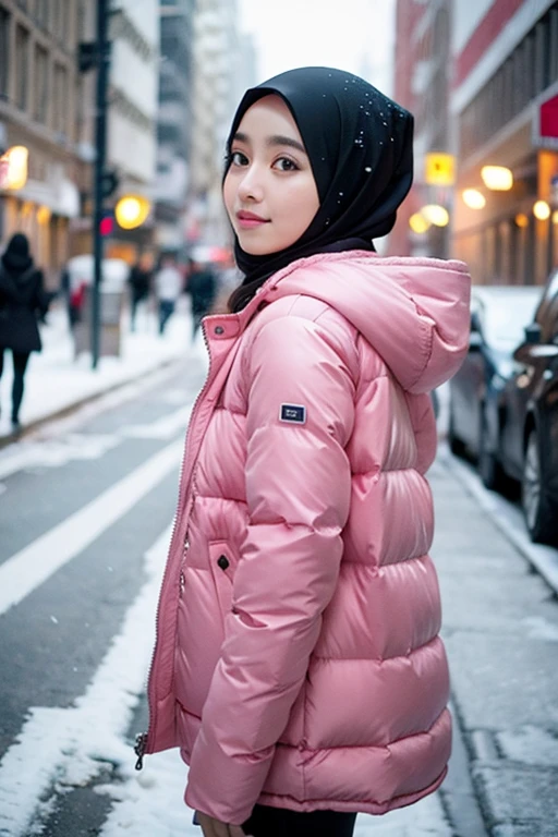 japanese muslim girl, pasmina hijab, black hijab, perfect body figure, thick winter jacket with hood, pink jacket, snowy city landscape