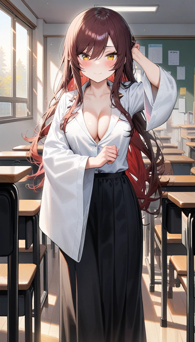 1girl, osaki_amana, osaki_tenka, mochirong, black hair, shiny_colors, blush, wide sleeves, armpit, warm glow, official art, half-closed_eyes, looking at viewer, medium breasts, from front view, complex_background, , black , black pantyhose, white uniform, school, indoor, class room, long skirt, cleavage