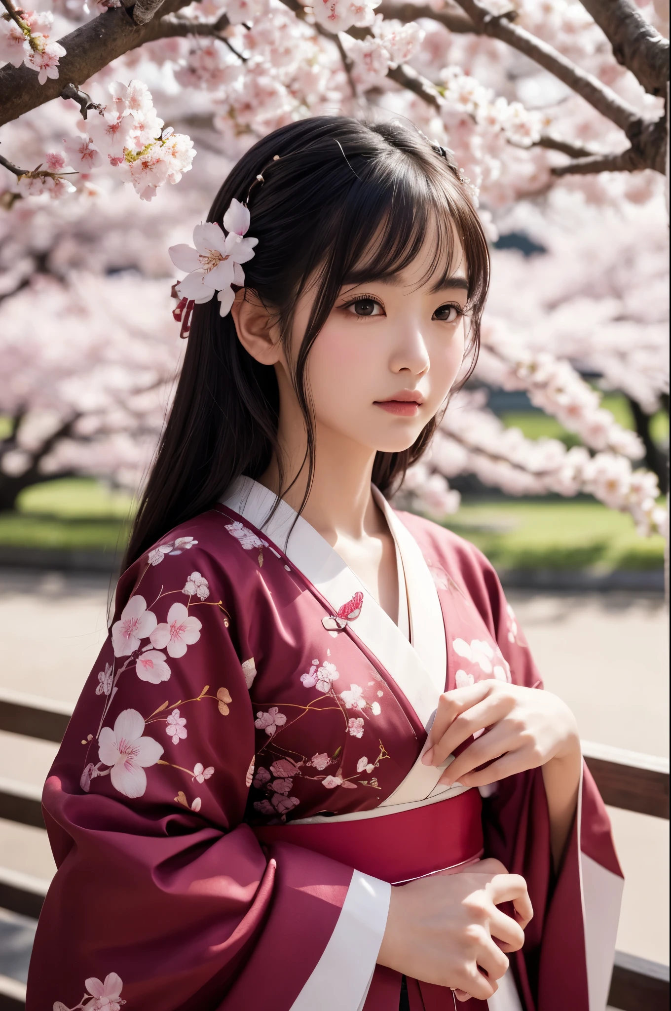 8K.A black-haired woman quietly looking up at the cherry blossom tree,Super Beauty(Like the real thing),A woman wearing a kimono with a cherry blossom design,Her hair is tied up and she is wearing a cherry blossom hairpin.,Beautiful expression,Messy, I am proud, Absurd, Royalty, celebration, Cowboy Shot, Portraiture, (highest quality), (Tabletop), (Very detailed), masterpiece,highest qualityのフォトリアリスティックなRAW写真。Backlight, Cinema Lighting, Film Grain, to be born, 50mm lens, Nikon D850,Ultra-Realistic Skin,Fantasy art,Character Art,Ultra-high resolution,Muscular and slender body type,Perfect hands,compensate,Bust shot close-up,Pink Rouge,A large amount of cherry blossom petals fluttering,Fantastic paintings,