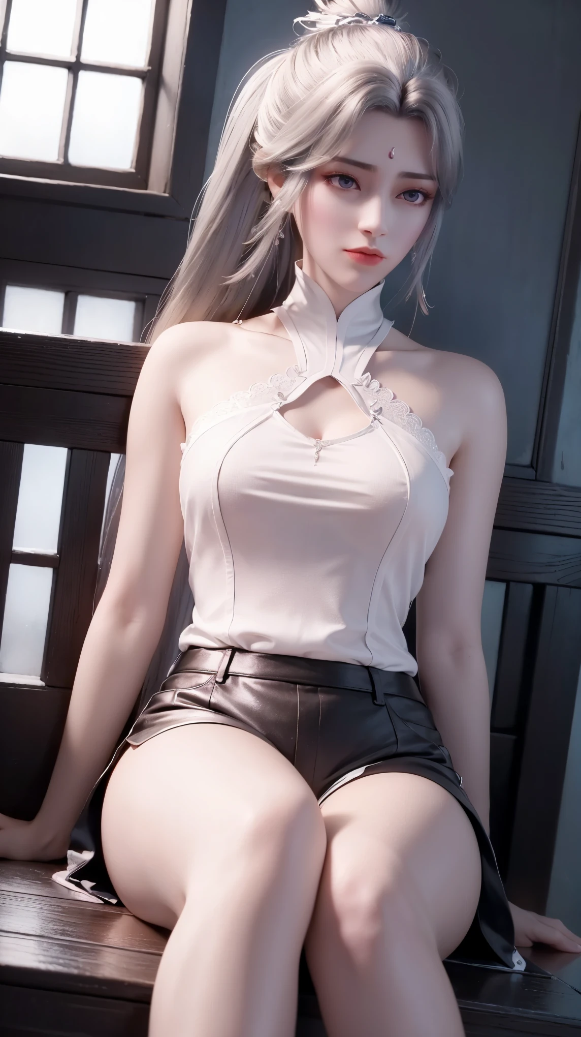 a white hair、Close-up of miss wearing white mask, Beautiful character painting, guweiz, Gurwitz-style artwork, White-haired god, author：Yang Jie, Epic and beautiful character art, Stunning character art, author：Fan Qi, by Wuzhun Shifan, pixiv Art Street Guviz, Single ponytail, insult, High Ponytail, Tall and big, Long legs, (sleeveless lace shirt), (shorts), (Striped )), ((Striped )), Walk, elegant, dignified, miss, Beautiful curves, sweet smile, Strong sense of detail and layering, color丰富绚丽, Has a unique texture, rich and colorful, color, vivid, Design Art, 16K, Super detailed, {{illustration}}, {Extremely refined}, {Exquisite surface treatment}, Super detailed, Delicate and shining eyes, {{Light}}, 极致Light效果, Model: realism, CFG size: 12, Laura: Bright texture (1.35), high quality, masterpiece, Exquisite facial features, Delicate hair depiction, Detailed depiction of the eyes, masterpiece, best quality, Light線追蹤, Extremely detailed CG unified 8k wallpaper, masterpiece, best quality, (1 girl), 完美miss身材, (((tight white t shirt))), beautiful eyes, (Delicate face), Black short hair, Tie your hair up, Light blue hairpin, Black silk frame glasses, in class, (White skin), (Optimal Lighting), (Super intricate details), 4k unity, (Super detailed CG), Showing off her white legs, , Hot Pants, shorts,