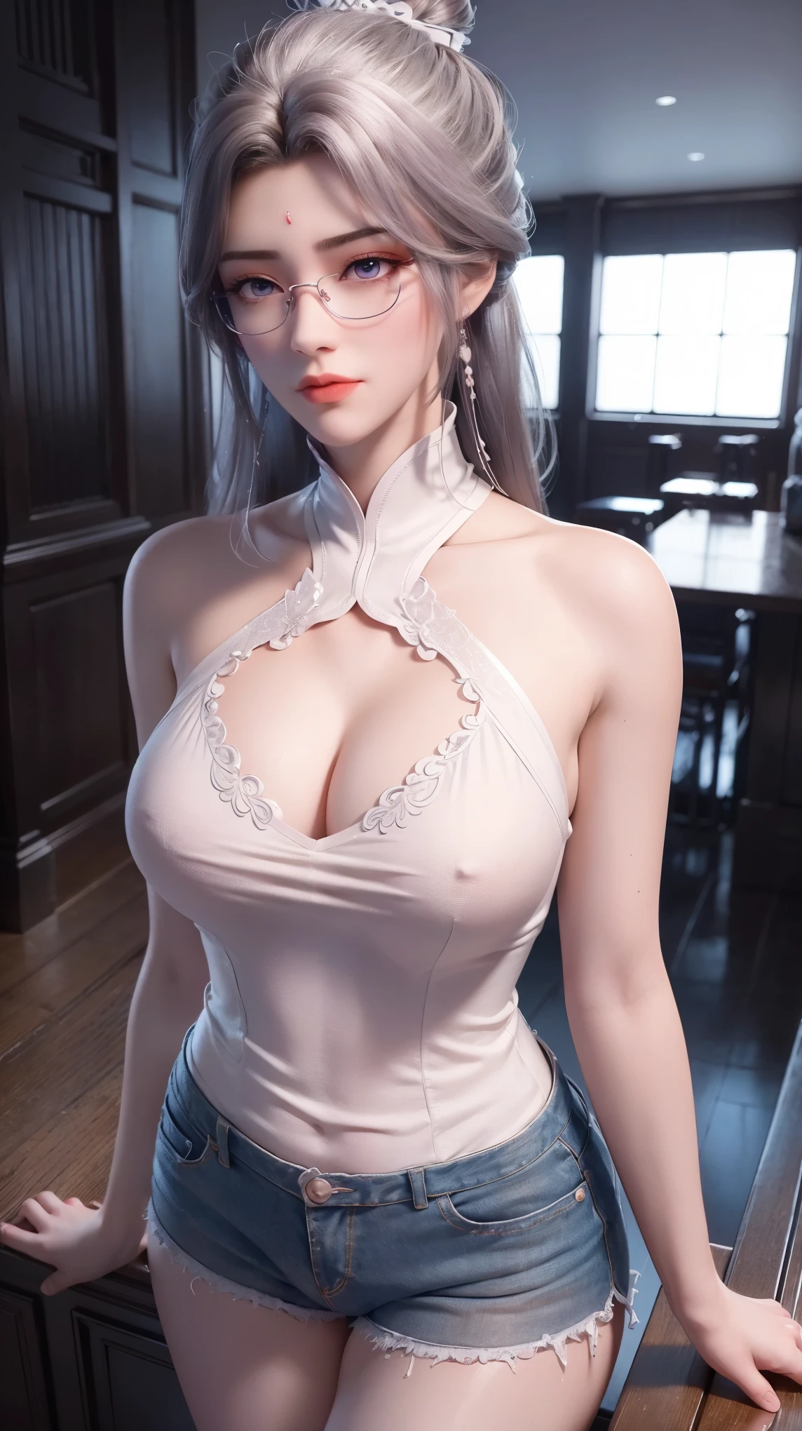 a white hair、Close-up of miss wearing white mask, Beautiful character painting, guweiz, Gurwitz-style artwork, White-haired god, author:Yang Jie, Epic and beautiful character art, Stunning character art, author:Fan Qi, by Wuzhun Shifan, pixiv Art Street Guviz, Single ponytail, insult, High Ponytail, Tall and big, Long legs, (sleeveless lace shirt), (shorts), (Striped )), ((Striped )), Walk, elegant, dignified, miss, Beautiful curves, sweet smile, Strong sense of detail and layering, color丰富绚丽, Has a unique texture, rich and colorful, color, vivid, Design Art, 16K, Super detailed, {{illustration}}, {Extremely refined}, {Exquisite surface treatment}, Super detailed, Delicate and shining eyes, {{Light}}, 极致Light效果, Model: realism, CFG size: 12, Laura: Bright texture (1.35), high quality, masterpiece, Exquisite facial features, Delicate hair depiction, Detailed depiction of the eyes, masterpiece, best quality, Light線追蹤, Extremely detailed CG unified 8k wallpaper, masterpiece, best quality, (1 girl), 完美miss身材, (((tight white t shirt))), beautiful eyes, (Delicate face), Black short hair, Tie your hair up, Light blue hairpin, Black silk frame glasses, in class, (White skin), (Optimal Lighting), (Super intricate details), 4k unity, (Super detailed CG), Showing off her white legs, , Hot Pants, shorts,