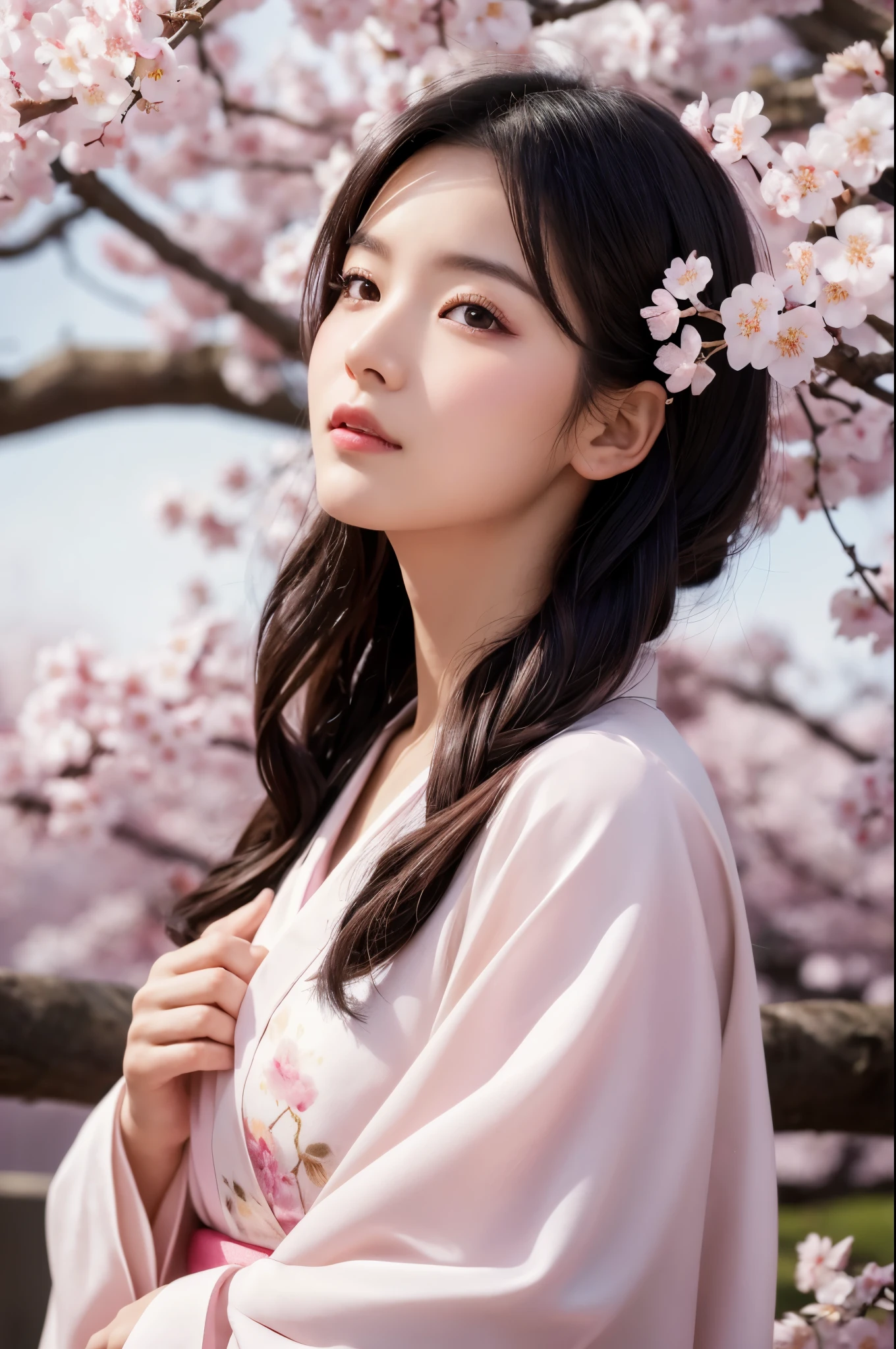 8K.A black-haired woman quietly looking up at the cherry blossom tree,Super Beauty(Like the real thing),A woman wearing a kimono with a cherry blossom design,Her hair is tied up and she is wearing a cherry blossom hairpin.,Beautiful expression,Messy, I am proud, Absurd, Royalty, celebration, Cowboy Shot, Portraiture, (highest quality), (Tabletop), (Very detailed), masterpiece,highest qualityのフォトリアリスティックなRAW写真。Backlight, Cinema Lighting, Film Grain, to be born, 50mm lens, Nikon D850,Ultra-Realistic Skin,Fantasy art,Character Art,Ultra-high resolution,Muscular and slender body type,Perfect hands,compensate,Bust shot close-up,Pink Rouge,A large amount of cherry blossom petals fluttering,Fantastic paintings,