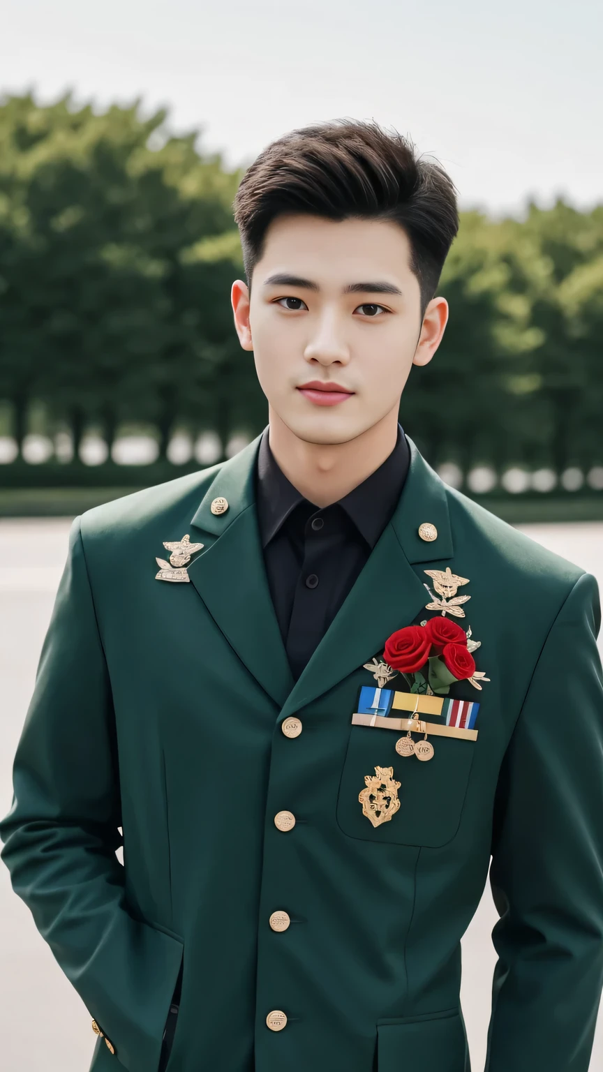 4k, (masterpiece), best of quality, 2d, arafed man in a  posing for a picture, Wearing Uniform,, Embroidered Guard, Wearing military , yanjun chengt, Dressed in full military green, officer, Unified background, Wearing a general\of，Upper body unobstructed photos，Green Clothing，Holding a red bouquet，Full face photo，Handsome hairstyle，Tough Guy，双Holding a red bouquet