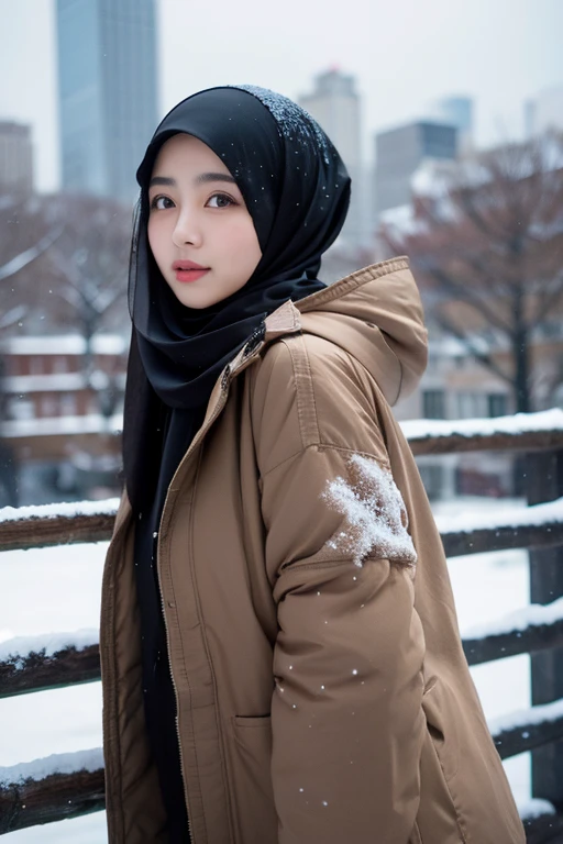 japanese muslim girl, pasmina hijab, black hijab, perfect body figure, thick winter jacket with hood, light brown jacket, snowy city landscape