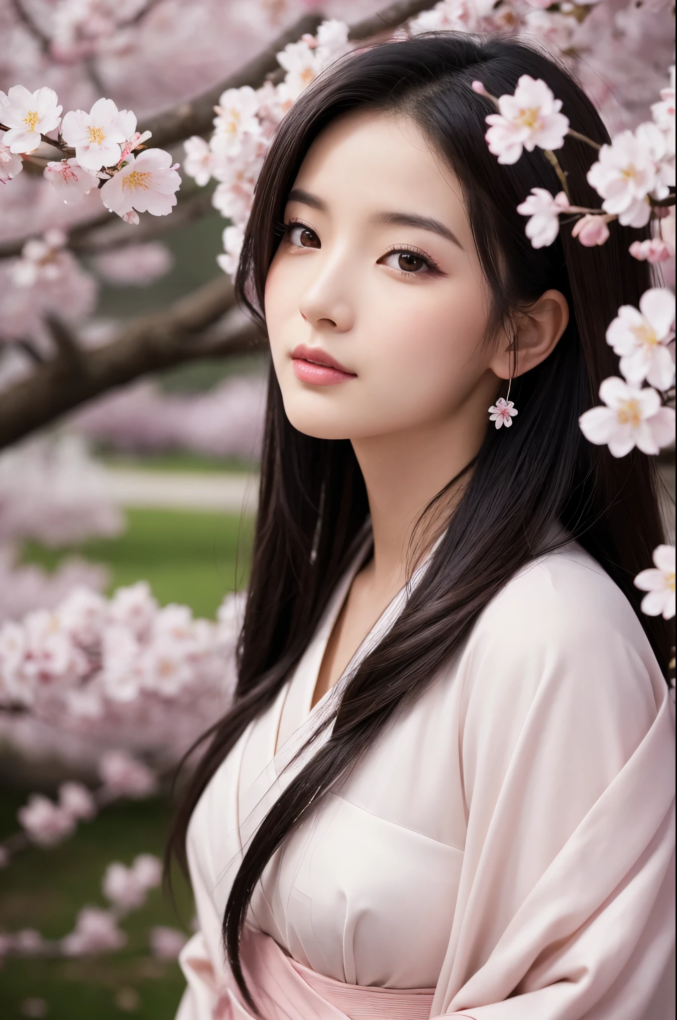 8K.A black-haired woman quietly looking up at the cherry blossom tree,Super Beauty(Like the real thing),A woman wearing a kimono with a cherry blossom design,Her hair is tied up and she is wearing a cherry blossom hairpin.,Beautiful expression,Messy, I am proud, Absurd, Royalty, celebration, Cowboy Shot, Portraiture, (highest quality), (Tabletop), (Very detailed), masterpiece,highest qualityのフォトリアリスティックなRAW写真。Backlight, Cinema Lighting, Film Grain, to be born, 50mm lens, Nikon D850,Ultra-Realistic Skin,Fantasy art,Character Art,Ultra-high resolution,Muscular and slender body type,Perfect hands,compensate,Bust shot close-up,Pink Rouge,A large amount of cherry blossom petals fluttering,Fantastic paintings,