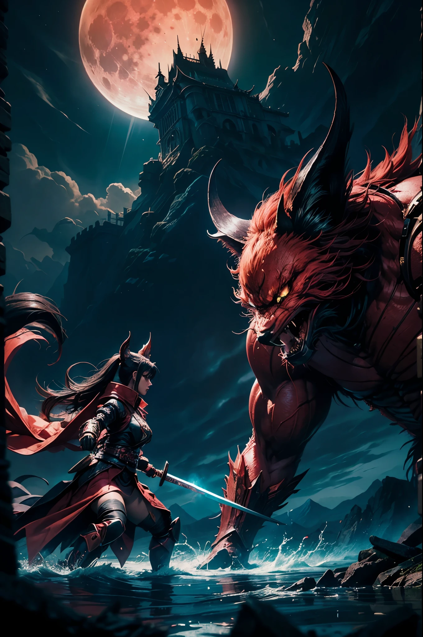 female kitsune warrior confronting a monster demon, dark turbulent sky with shades of teal and red, hyper realistic ruined castles in the background, broken moon in the sky, action scene