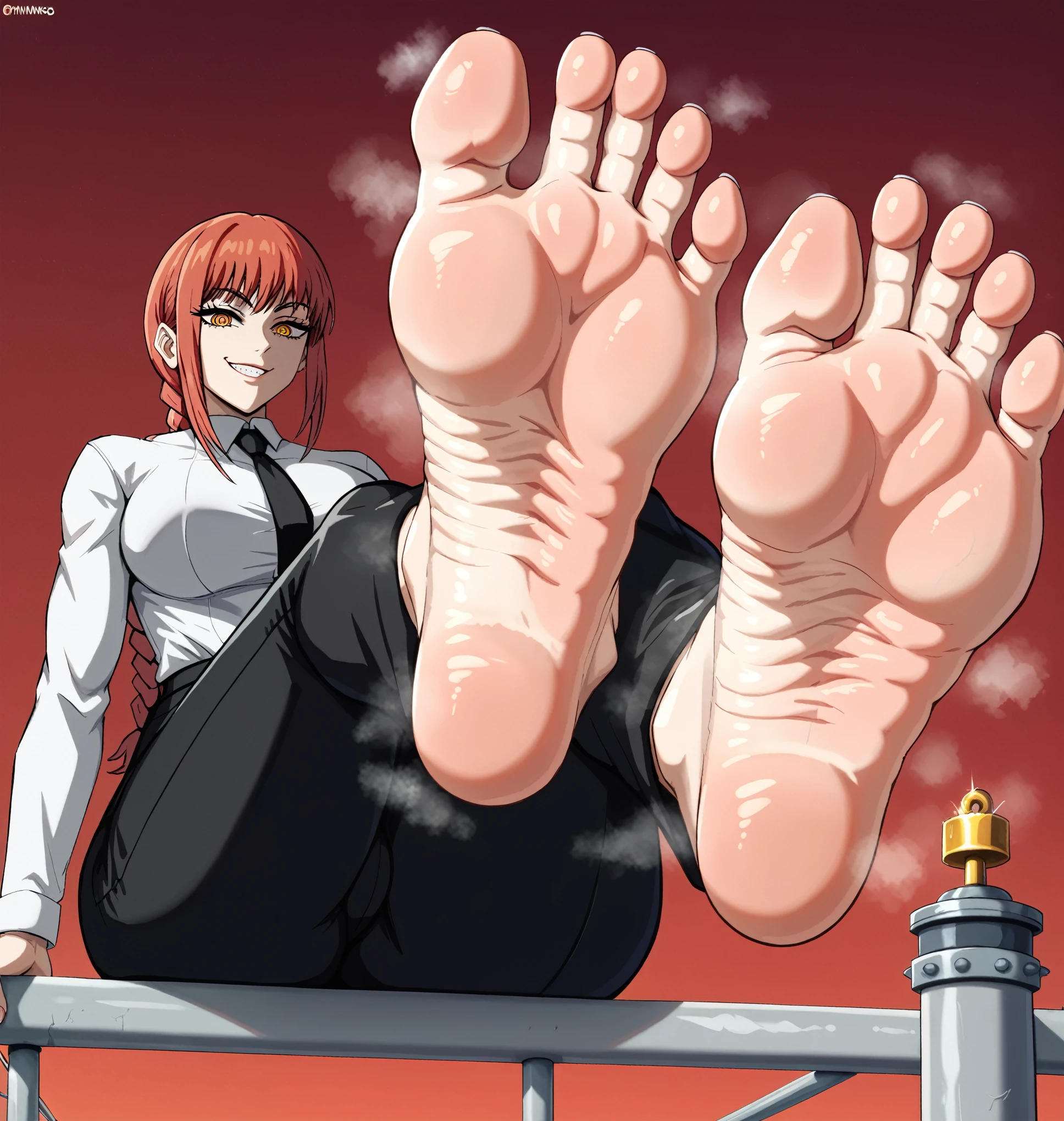 masterpiece, best quality, 1girl, Makima from Chainsaw man,, smile, protect her nose with her hand, barefoot, footstomp, soles, toes, foreshortening, view from below, outdoors, Dark red sky, dark red background, wrinkled feet, ultra detailed soles, ultra stinky soles, stink steam, exaggerated giant boobs, dominatrix face, fives toes per foot, ultra detailed face.