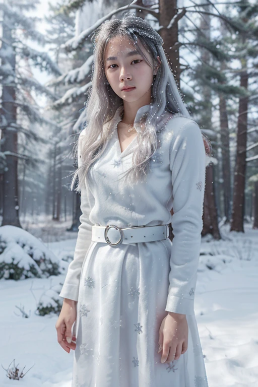 Lee Yoo-mi, Yukiona, Teen Wolf, 18 years old, long, messy white hair, gray eyes, long white dress, white and light blue belt, silver snowflake pendant, snowflake print white snow Forest background with snow and fog around in black color.