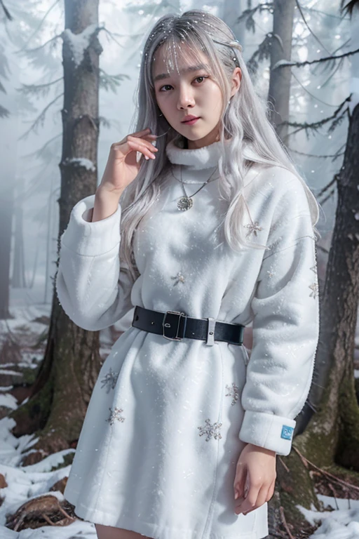 Lee Yoo-mi, Yukiona, Wolf, 18 years old, long, messy white hair, gray eyes, long white dress, white and light blue belt, silver snowflake pendant, snowflake print white snow Forest background with snow and fog around in black color.