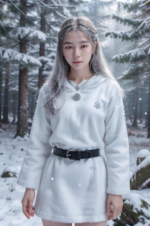 Lee Yoo-mi, Yukiona, Teen Wolf, 18 years old, long, messy white hair, gray eyes, long white dress, white and light blue belt, silver snowflake pendant, snowflake print white snow Forest background with snow and fog around in black color.