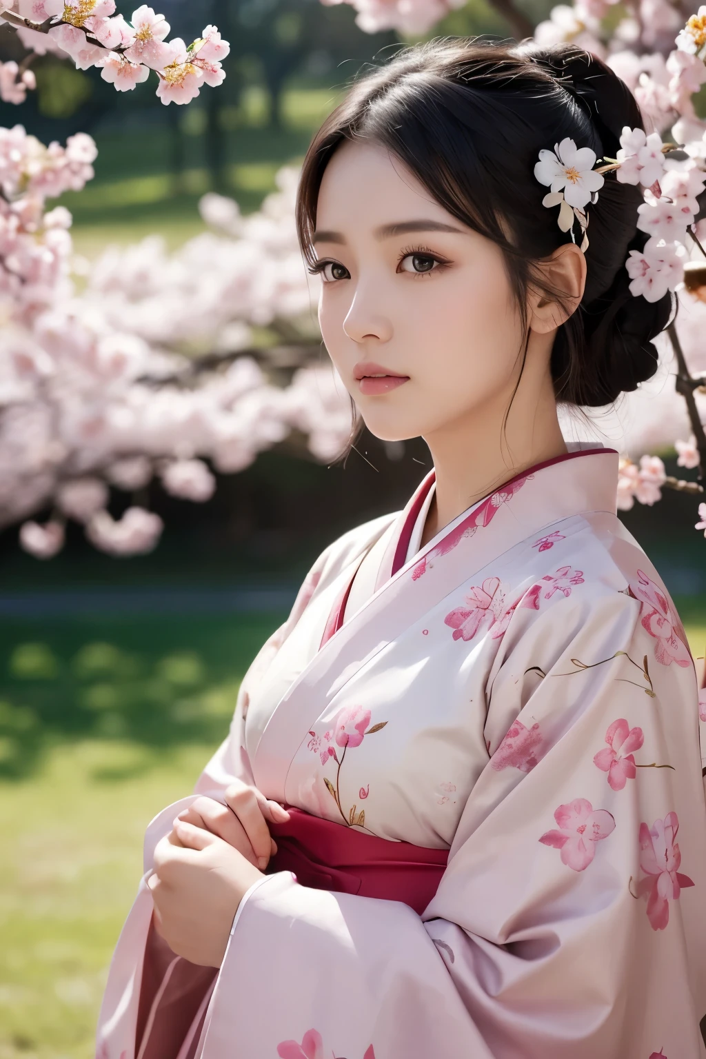 8K.A black-haired woman quietly looking up at the cherry blossom tree,Super Beauty(Like the real thing),A woman wearing a kimono with a cherry blossom design,Her hair is tied up and she is wearing a cherry blossom hairpin.,Beautiful expression,Messy, I am proud, Absurd, Royalty, celebration, Cowboy Shot, Portraiture, (highest quality), (Tabletop), (Very detailed), masterpiece,highest qualityのフォトリアリスティックなRAW写真。Backlight, Cinema Lighting, Film Grain, to be born, 50mm lens, Nikon D850,Ultra-Realistic Skin,Fantasy art,Character Art,Ultra-high resolution,Muscular and slender body type,Perfect hands,compensate,Bust shot close-up,Pink Rouge,A large amount of cherry blossom petals fluttering,Fantastic paintings,Join hands,