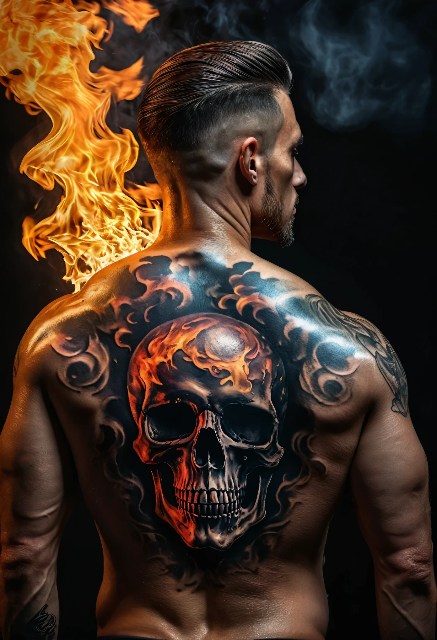 a fit muscular man, detailed tattoo of a burning skull on his back, hyper realistic, 4k, 8k, high resolution, masterpiece, ultra-detailed, photorealistic, physically-based rendering, extreme detail description, professional, vivid colors, dramatic lighting, moody, dark, intense, dynamic pose, dramatic, cinematic, fantasy, dark fantasy, gothic, dramatic sky background, dramatic lighting