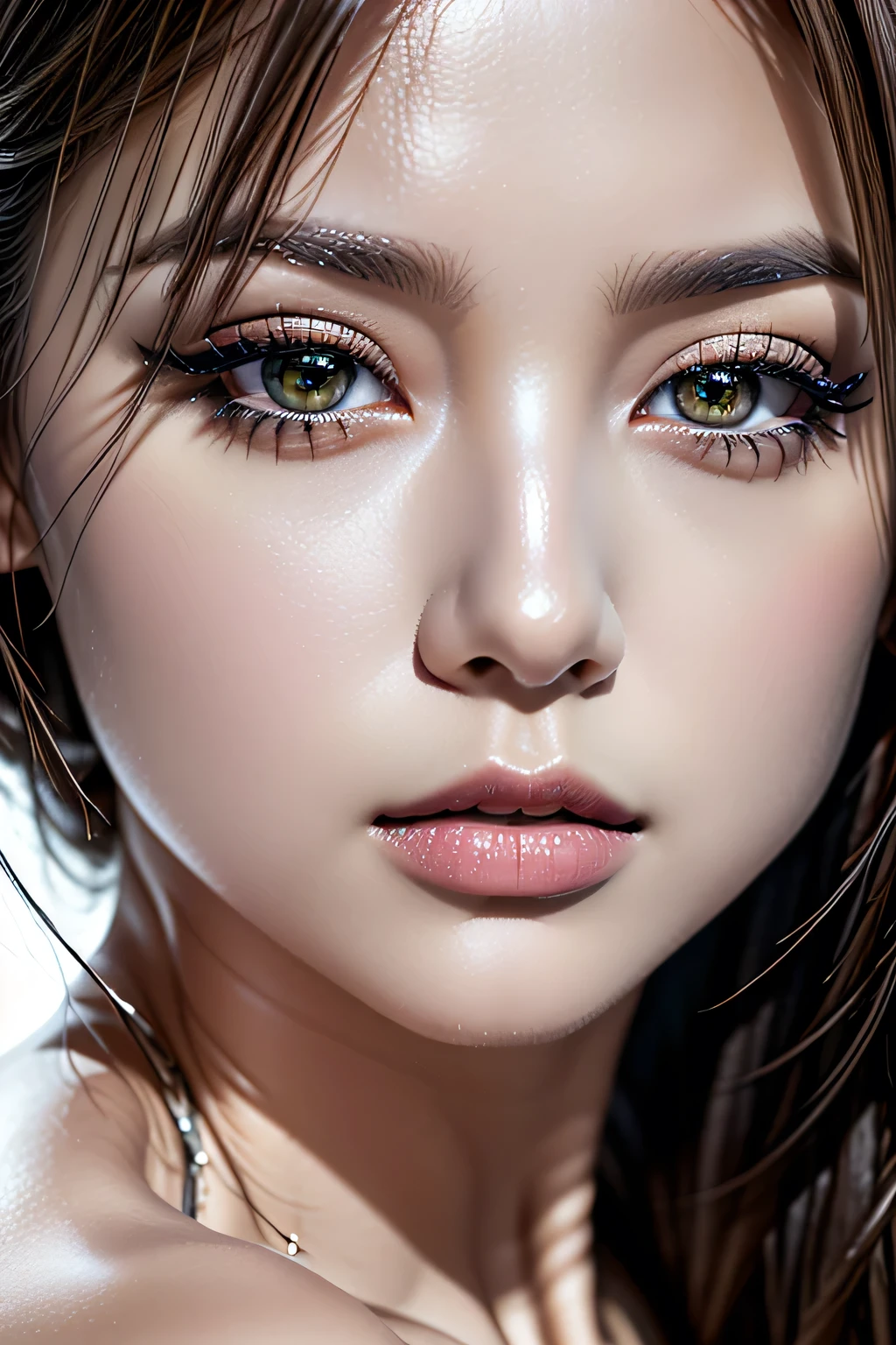 photorealistic Realism, 32K, Quality, (Hyper absurd quality, extremely detailed detail, hyper resolution, clear sharp focus, not blurry, Realistic brown_eyes), ((perfect dark_eyeshadows:1.45)), (super Detailed, beautiful little nose:1.2), (perfect composition), (upper body shot), (close up of her face), beautiful cheekbones, double eyelids, dslr, best high quality soft lighting, sharp focus captured by Fujifilm XT3, f 5.6, in a dramatic lighting, ((perfect composition)), ((pale skin)), ((dry skin)),