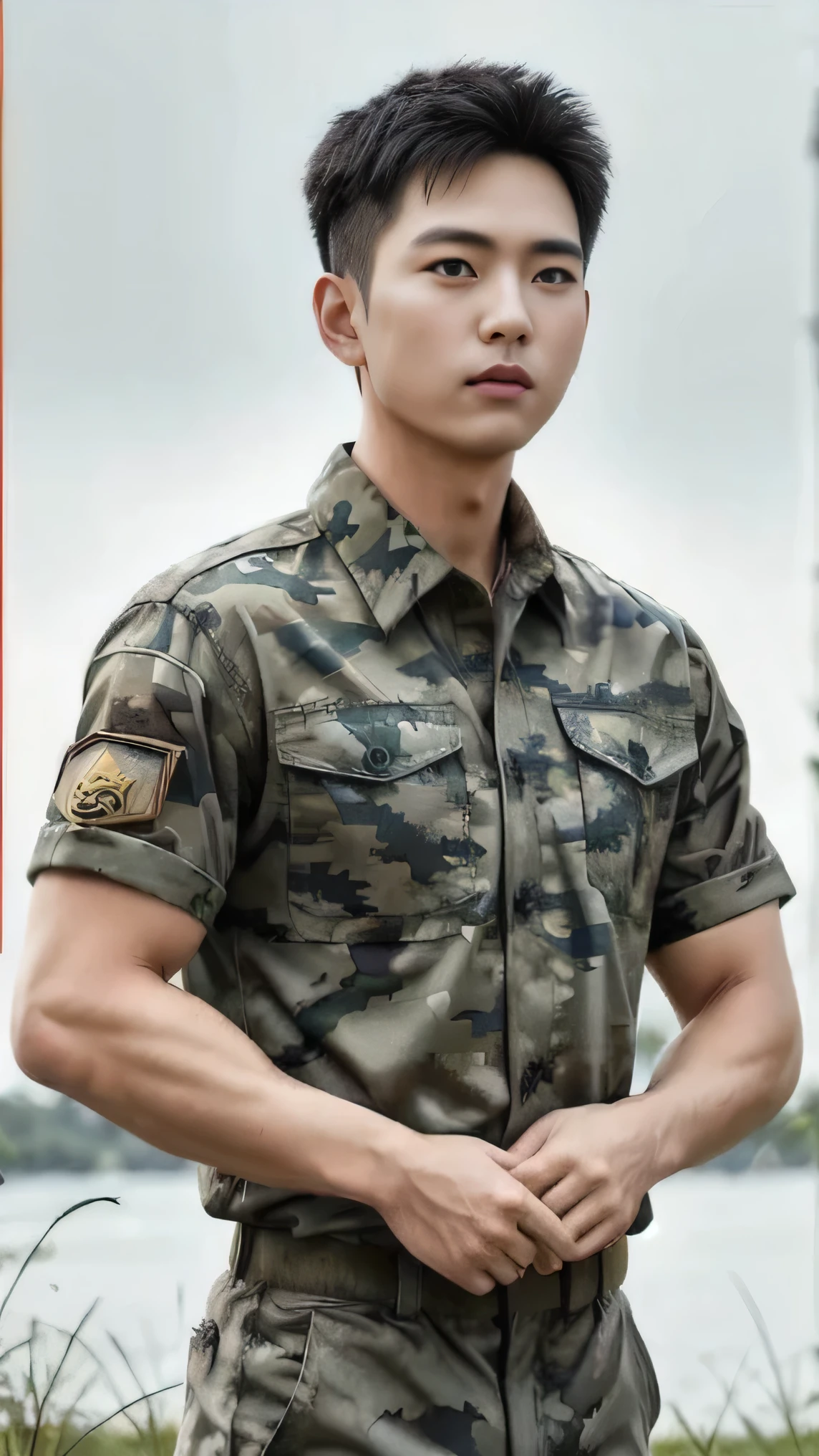 8k, (masterpiece), best quality, 2d, Brother Bing,Wear training uniform，Wearing a hat，Wearing a full set of military green camouflage uniforms, No background, Upper body unobstructed photos，Green Clothing，Southeast Asian Soldiers，Frontal orientation，Holding Red flowers，Happy Mother's Day，Red flowers，