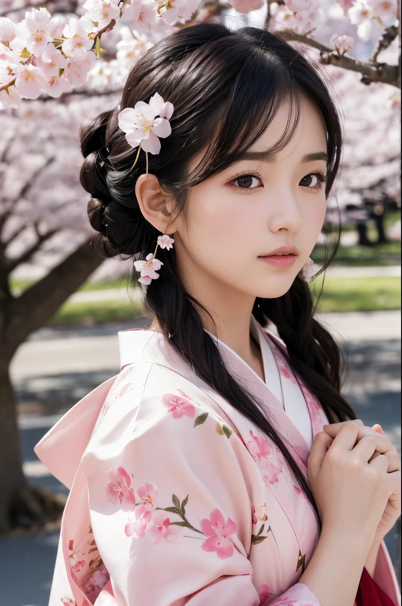 8K.A black-haired woman quietly looking up at the cherry blossom tree,Super Beauty(Like the real thing),A woman wearing a kimono with a cherry blossom design,Her hair is tied up and she is wearing a cherry blossom hairpin.,Beautiful expression,Messy, I am proud, Absurd, celebration, Cowboy Shot, Portraiture, (highest quality), (Tabletop), (Very detailed), masterpiece,highest qualityのフォトリアリスティックなRAW写真。Backlight, Cinema Lighting, Film Grain, to be born, 50mm lens, Nikon D850,Ultra-Realistic Skin,Fantasy art,Character Art,Ultra-high resolution,Muscular and slender body type,Perfect hands,compensate,Bust shot close-up,Pink Rouge,A large number of cherry blossom petals flutter down,Fantastic paintings,