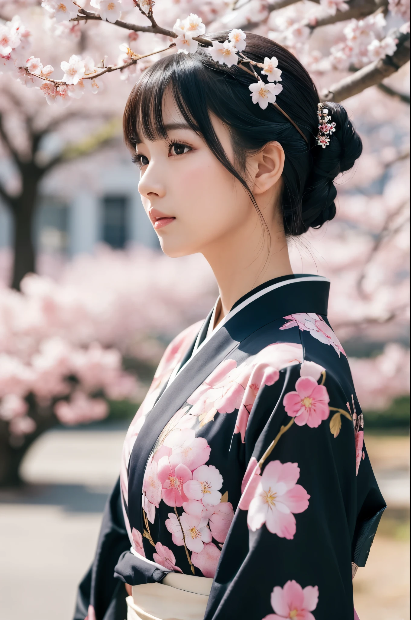 8K.A black-haired woman quietly looking up at the cherry blossom tree,Super Beauty(Like the real thing),A woman wearing a kimono with a cherry blossom design,Her hair is tied up and she is wearing a cherry blossom hairpin.,Beautiful expression,Messy, I am proud, Absurd, celebration, Cowboy Shot, Portraiture, (highest quality), (Tabletop), (Very detailed), masterpiece,highest qualityのフォトリアリスティックなRAW写真。Backlight, Cinema Lighting, Film Grain, to be born, 50mm lens, Nikon D850,Ultra-Realistic Skin,Fantasy art,Character Art,Ultra-high resolution,Muscular and slender body type,Perfect hands,compensate,Bust shot close-up,Pink Rouge,A large number of cherry blossom petals flutter down,Fantastic paintings,
