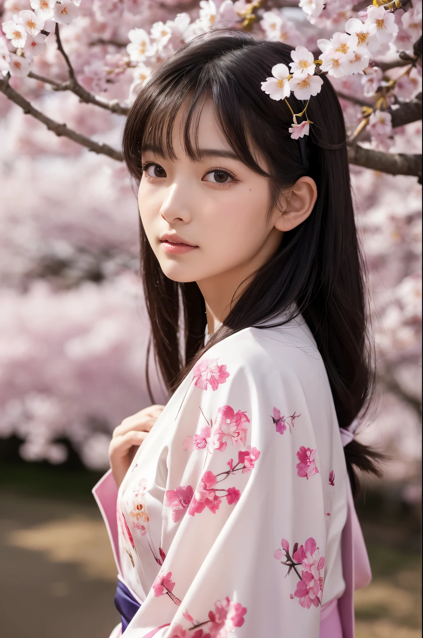 8K.A black-haired woman quietly looking up at the cherry blossom tree,Super Beauty(Like the real thing),A woman wearing a kimono with a cherry blossom design,Her hair is tied up and she is wearing a cherry blossom hairpin.,Beautiful expression,Messy, I am proud, Absurd, celebration, Cowboy Shot, Portraiture, (highest quality), (Tabletop), (Very detailed), masterpiece,highest qualityのフォトリアリスティックなRAW写真。Backlight, Cinema Lighting, Film Grain, to be born, 50mm lens, Nikon D850,Ultra-Realistic Skin,Fantasy art,Character Art,Ultra-high resolution,Muscular and slender body type,Perfect hands,compensate,Bust shot close-up,Pink Rouge,A large number of cherry blossom petals flutter down,Fantastic paintings,