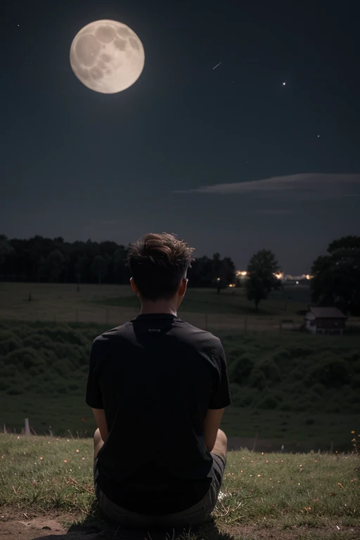 A 20 years old boy with mid fade hair cut sitting beside a pet in an open pastureland looking straight at the moon in the dark night. ( i can't see him from the front, i can only see him from the back) (it's totally a darkest night also) 