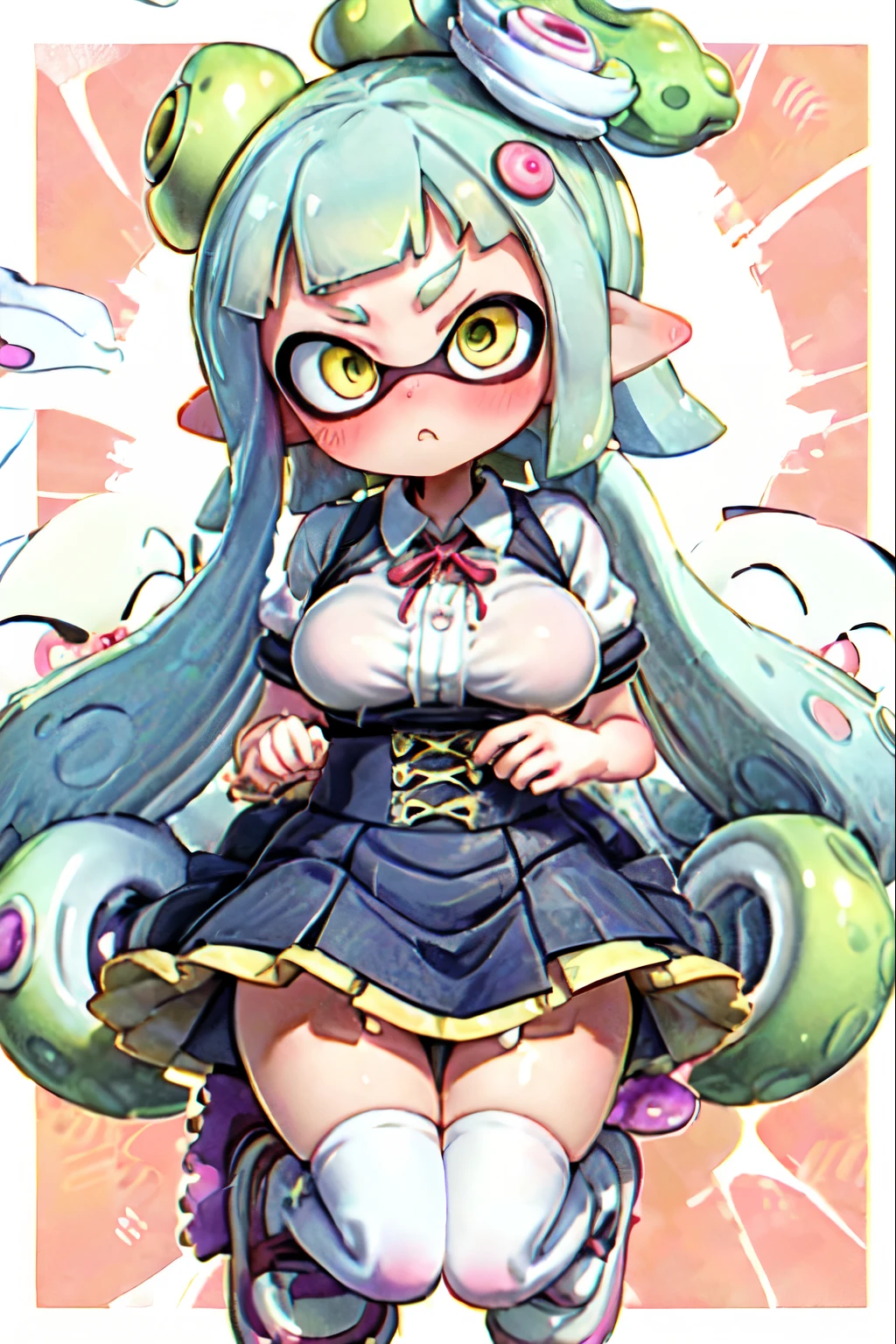 masterpiece、Real Anime、3D、Splatoon Girl, White tentacle hair, Twin-tailed tentacle hair, gigantic , talked anger vein, Style your hair, blush、Golden Eyes、White knee socks, anger, talked_anger_venous virgin killer costume, High Waist Skirt,