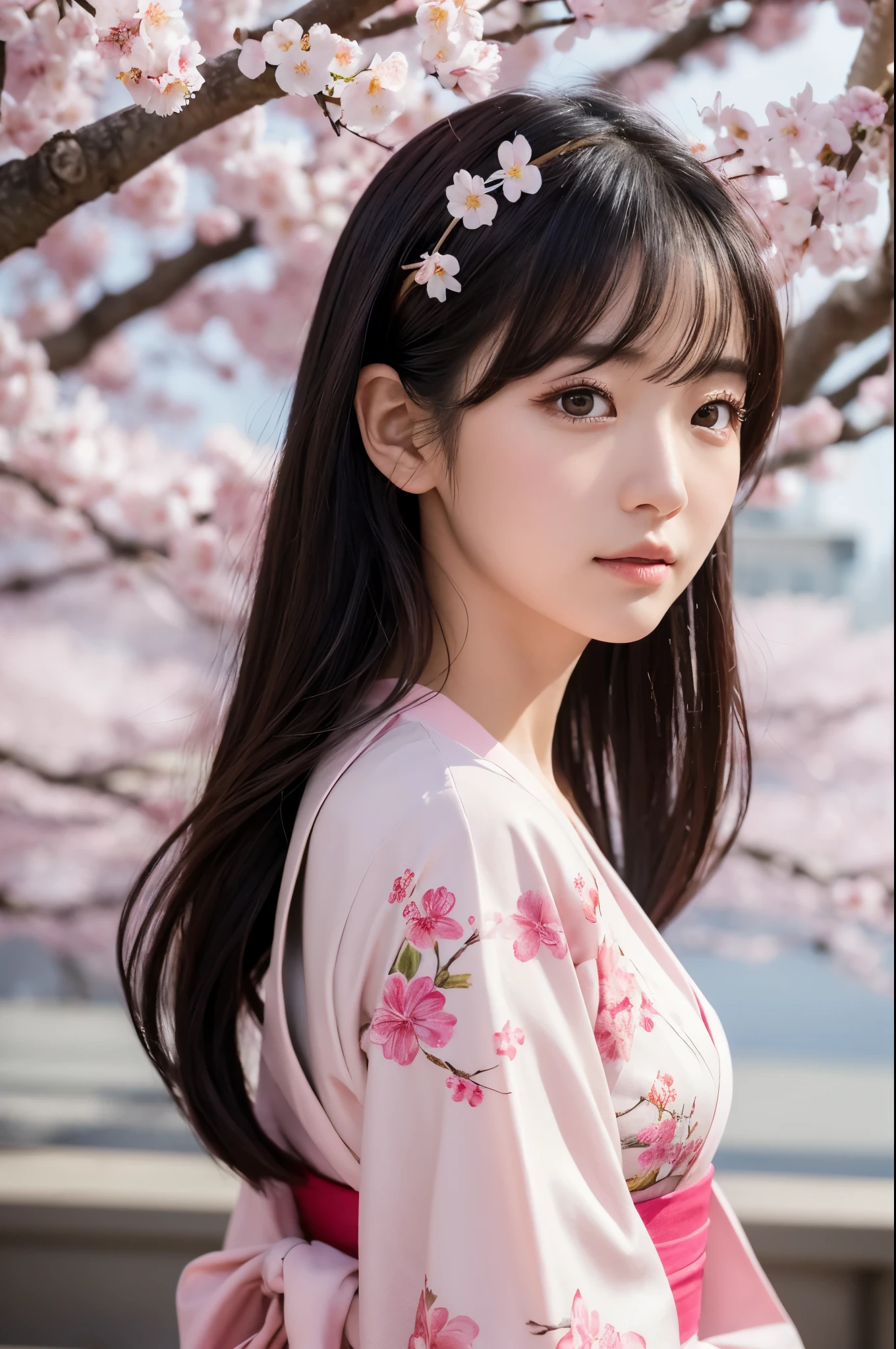 8K.A black-haired woman quietly looking up at the cherry blossom tree,Super Beauty(Like the real thing),A woman wearing a kimono with a cherry blossom design,Her hair is tied up and she is wearing a cherry blossom hairpin.,Beautiful expression,Messy, I am proud, Absurd, celebration, Cowboy Shot, Portraiture, (highest quality), (Tabletop), (Very detailed), masterpiece,highest qualityのフォトリアリスティックなRAW写真。Backlight, Cinema Lighting, Film Grain, to be born, 50mm lens, Nikon D850,Ultra-Realistic Skin,Fantasy art,Character Art,Ultra-high resolution,Muscular and slender body type,Perfect hands,compensate,Bust shot close-up,Pink Rouge,A large number of cherry blossom petals flutter down,Fantastic paintings,