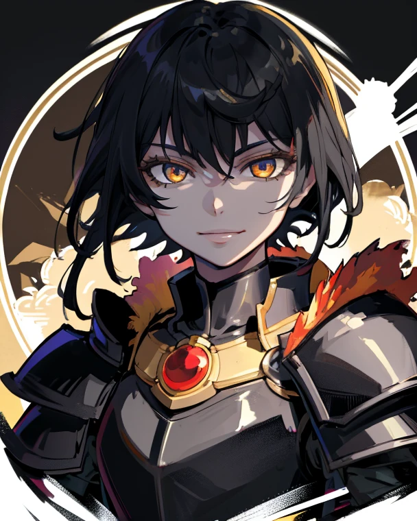 ((Masterpiece: 1.2, Best quality)),(Tough knight, Short black hair, Golden eyes, scar across right eye, Black armor), fantasy, forest, Blooming flowers, Sunlight, Fantastic light and shadow, landscape, Highly detailed face, Portrait, Smile