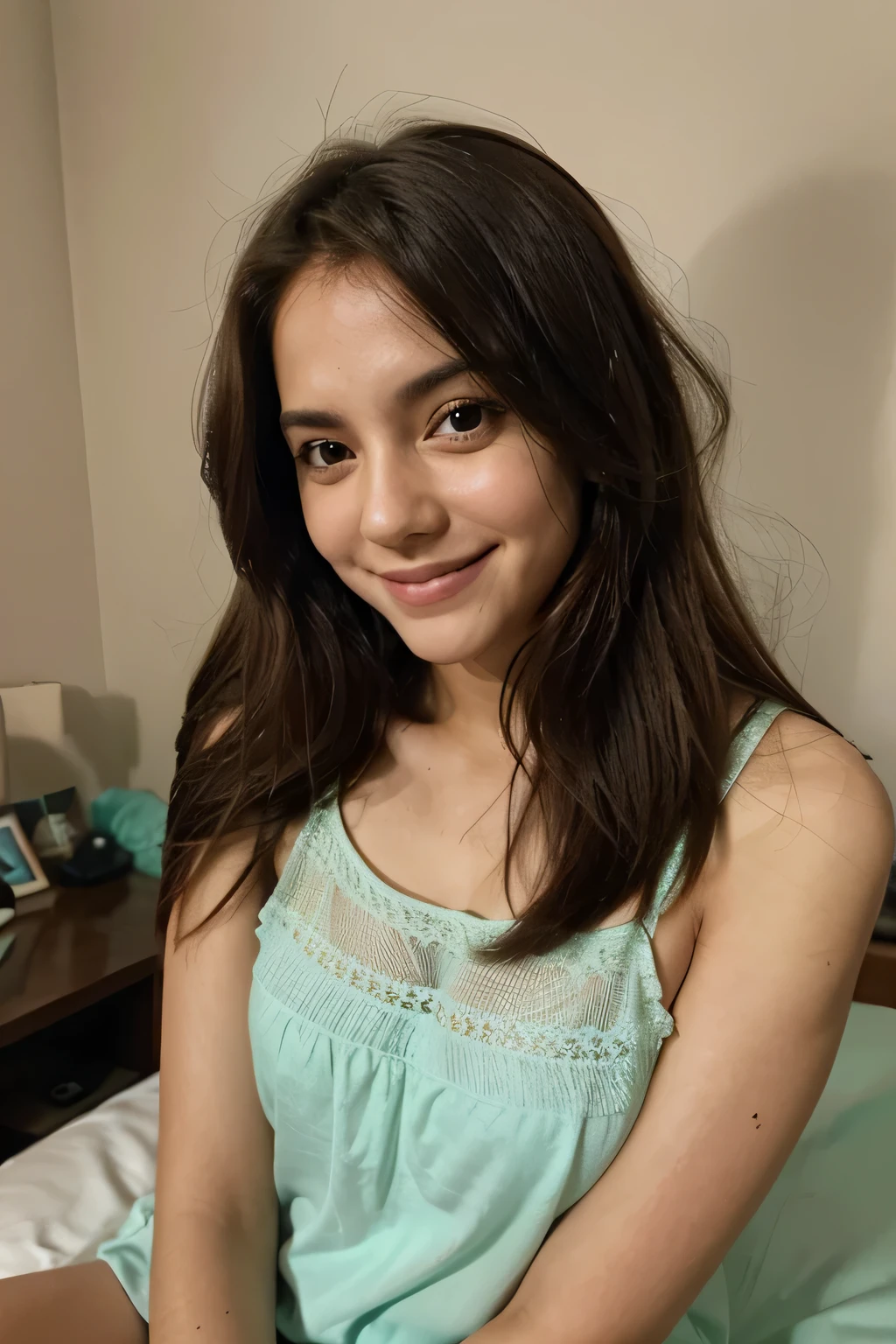 1 garota, cabelo loiro, deitada em sua cama, looking at the camera and smiling 