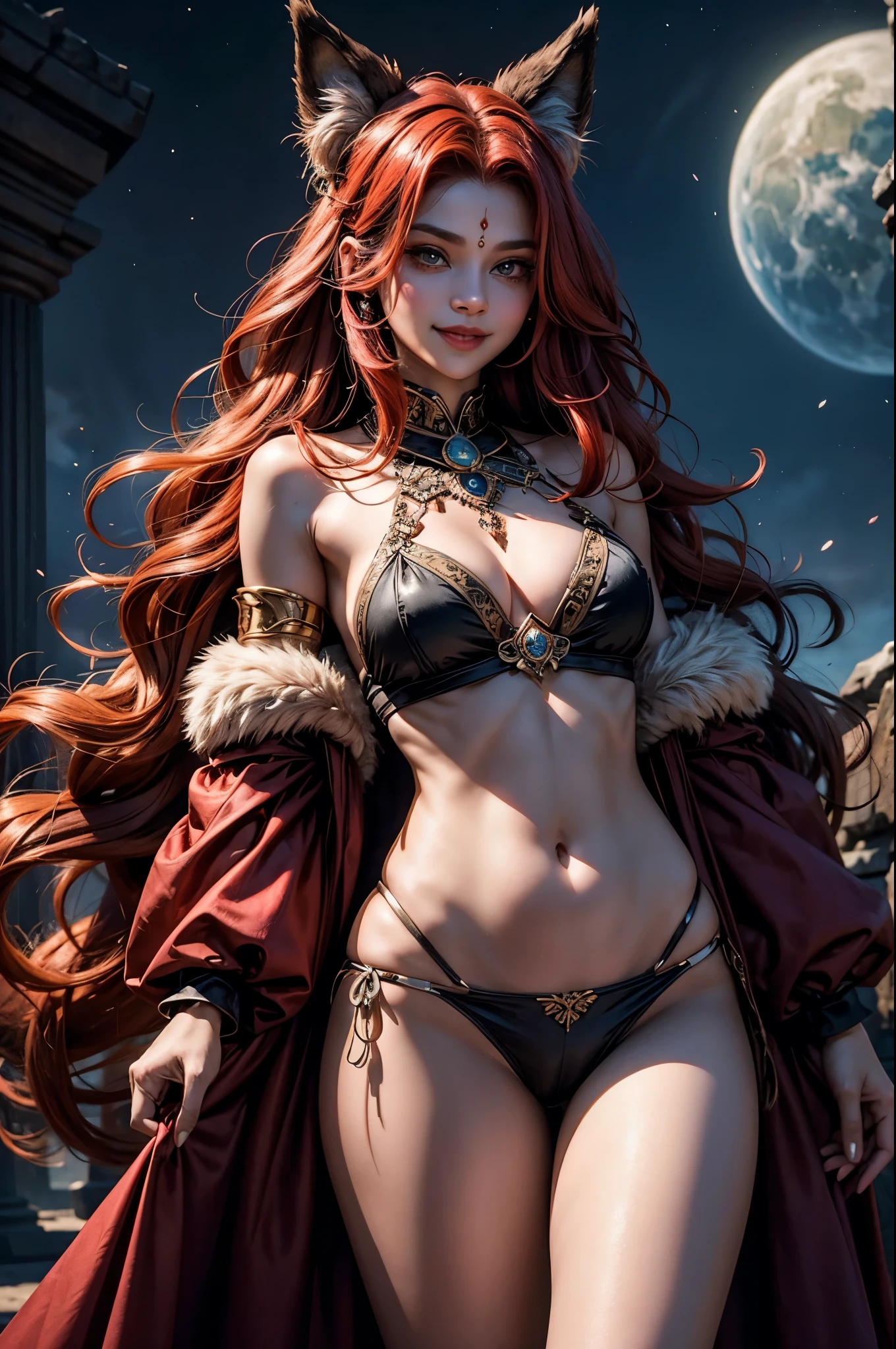 Hairy, the hairy woman and wolf woman solo character, stands with a playful smirk on her full fur, red hair and long, luxurious hair. Her colored eyes will see twinkle with charm and mischief. The gros sein of her magical clothing is kept light and held ancient, adding to her mystical and alluring appearance. The scene takes place in a dark background with an eerie ambiance, enhancing the fear-inducing atmosphere around Velu. Despite this, her open cheeky smile puts viewers at ease, accompanied by a soft blue blush on her cheeks.