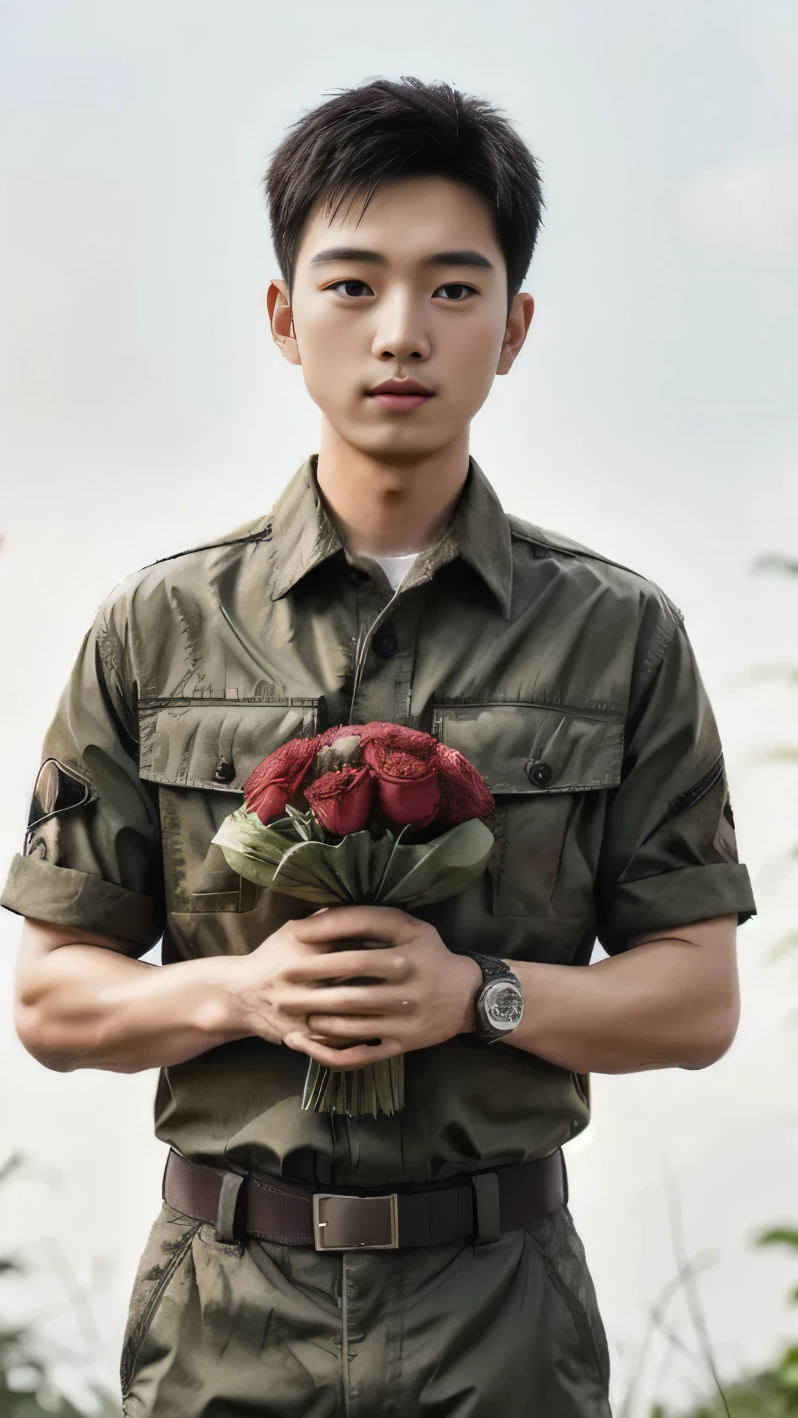 8k, (masterpiece), best quality, 2d, Brother Bing,Wear training uniform，Wearing a hat，Wearing a full set of military green camouflage uniforms, No background, Upper body unobstructed photos，Green Clothing，Southeast Asian Soldiers，Frontal orientation，Positive face，Eyes looking at the camera，Holding carnation flowers，Happy Mother's Day，Holding a big pink flower in hand，