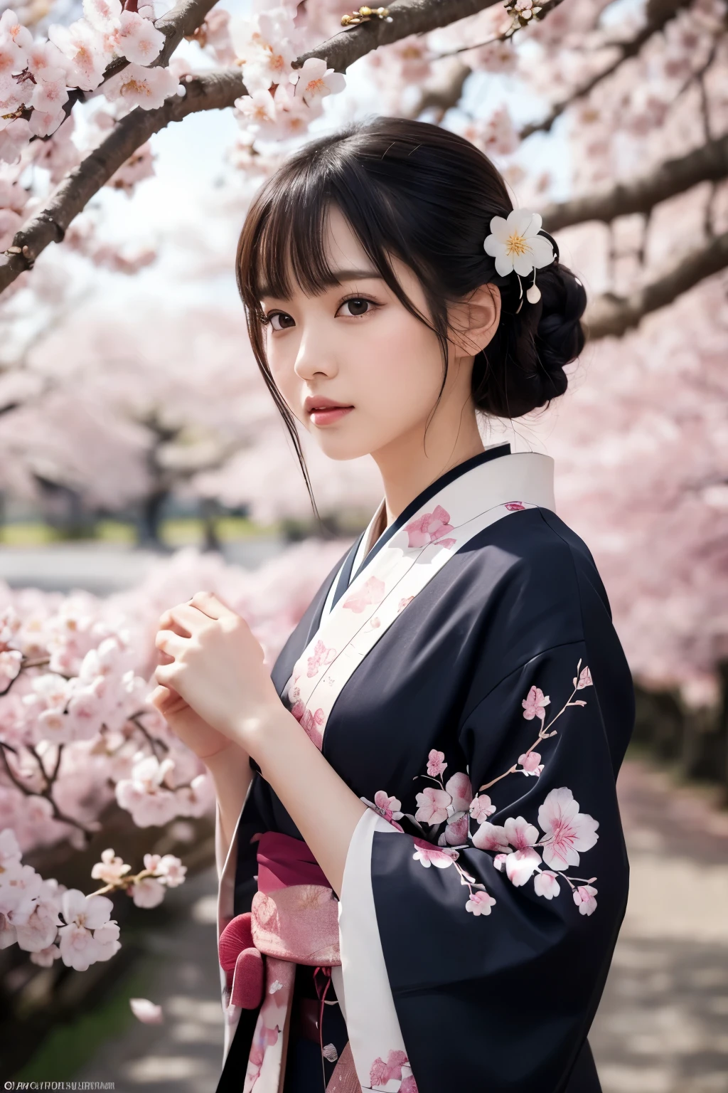 8K.A black-haired woman quietly looking up at the cherry blossom tree,Super Beauty(Like the real thing),A woman wearing a kimono with a cherry blossom design,Her hair is tied up and she is wearing a cherry blossom hairpin.,Beautiful expression,Messy, I am proud, Absurd, celebration, Cowboy Shot, Portraiture, (highest quality), (Tabletop), (Very detailed), masterpiece,highest qualityのフォトリアリスティックなRAW写真。Backlight, Cinema Lighting, Film Grain, to be born, 50mm lens, Nikon D850,Ultra-Realistic Skin,Fantasy art,Character Art,Ultra-high resolution,Muscular and slender body type,Perfect hands,compensate,Bust shot close-up,Pink Rouge,A large number of cherry blossom petals flutter down,Fantastic paintings,background,Join hands,