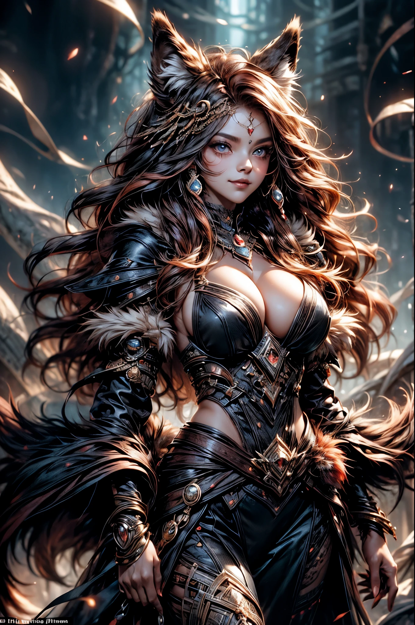 wolf woman, stands with a mischievous smirk over her full fur, ginger fluff and long, luxurious hair. His see-colored eyes sparkle with charm and mischief. The large bosom of her magical clothing remains ancient dress and outfit, adding to her mystical and alluring appearance. The scene takes place in a dark setting with a strange ambiance, reinforcing the frightening atmosphere around Velu. Despite this, her open smile puts onlookers at ease, accompanied by a soft blue blush on her cheeks.