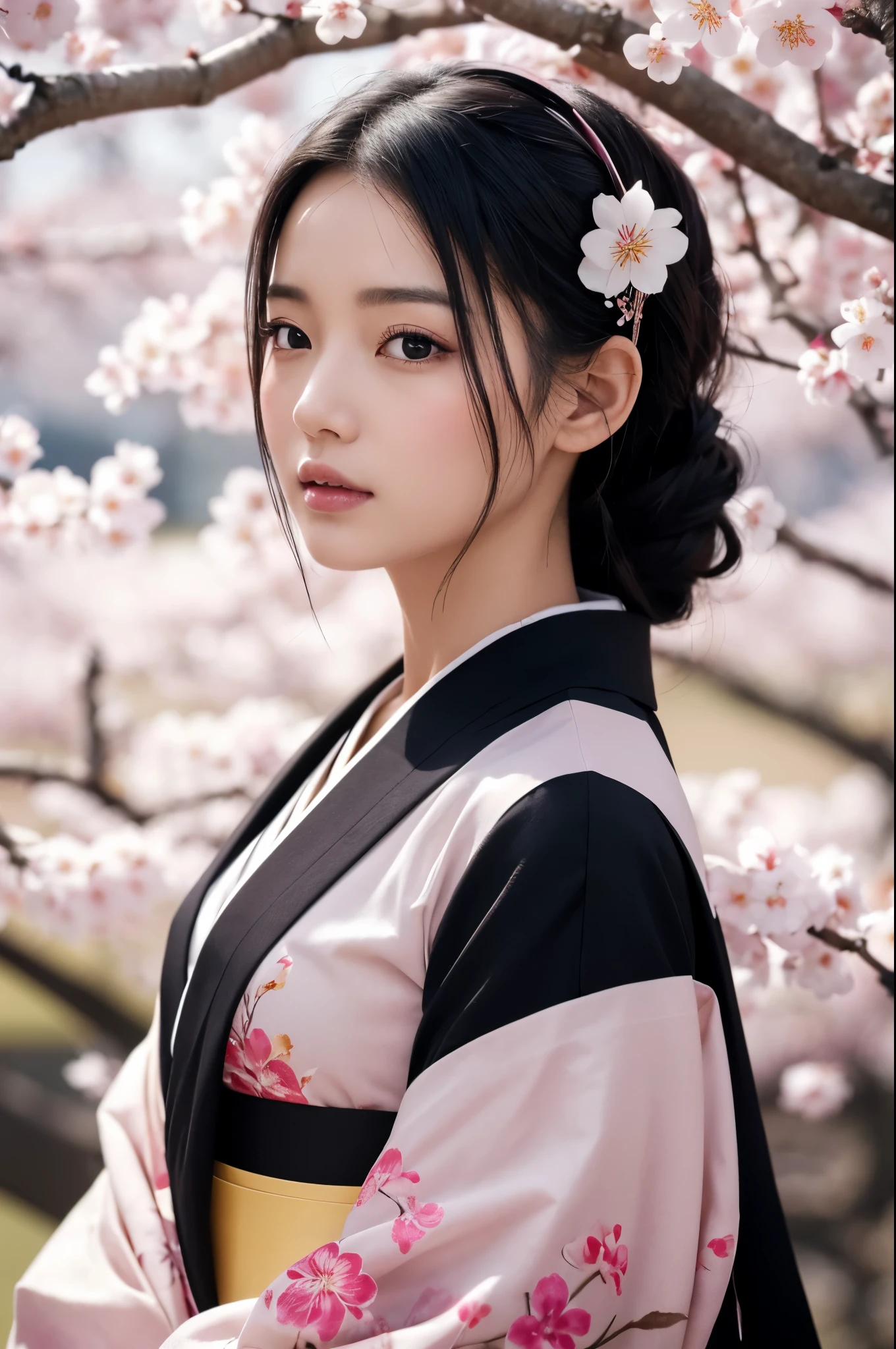 8K.A woman with black hair tied up quietly looking up at the cherry blossom trees,Super Beauty(Like the real thing),A woman wearing a kimono with a cherry blossom design,Her hair is tied up and she is wearing a cherry blossom hairpin.,Beautiful expression,Messy, I am proud, Absurd, celebration, Cowboy Shot, Portraiture, (highest quality), (Tabletop), (Very detailed), masterpiece,highest qualityのフォトリアリスティックなRAW写真。Backlight, Cinema Lighting, Film Grain, to be born, 50mm lens, Nikon D850,Ultra-Realistic Skin,Fantasy art,Character Art,Ultra-high resolution,Muscular and slender body type,Perfect hands,compensate,Bust shot close-up,Pink Rouge,A large number of cherry blossom petals flutter down,Fantastic paintings,